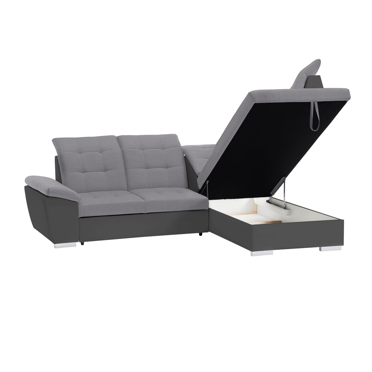 Canapé d'angle droit convertible avec coffre et têtières réglables PU gris et tissu gris RECITAL 