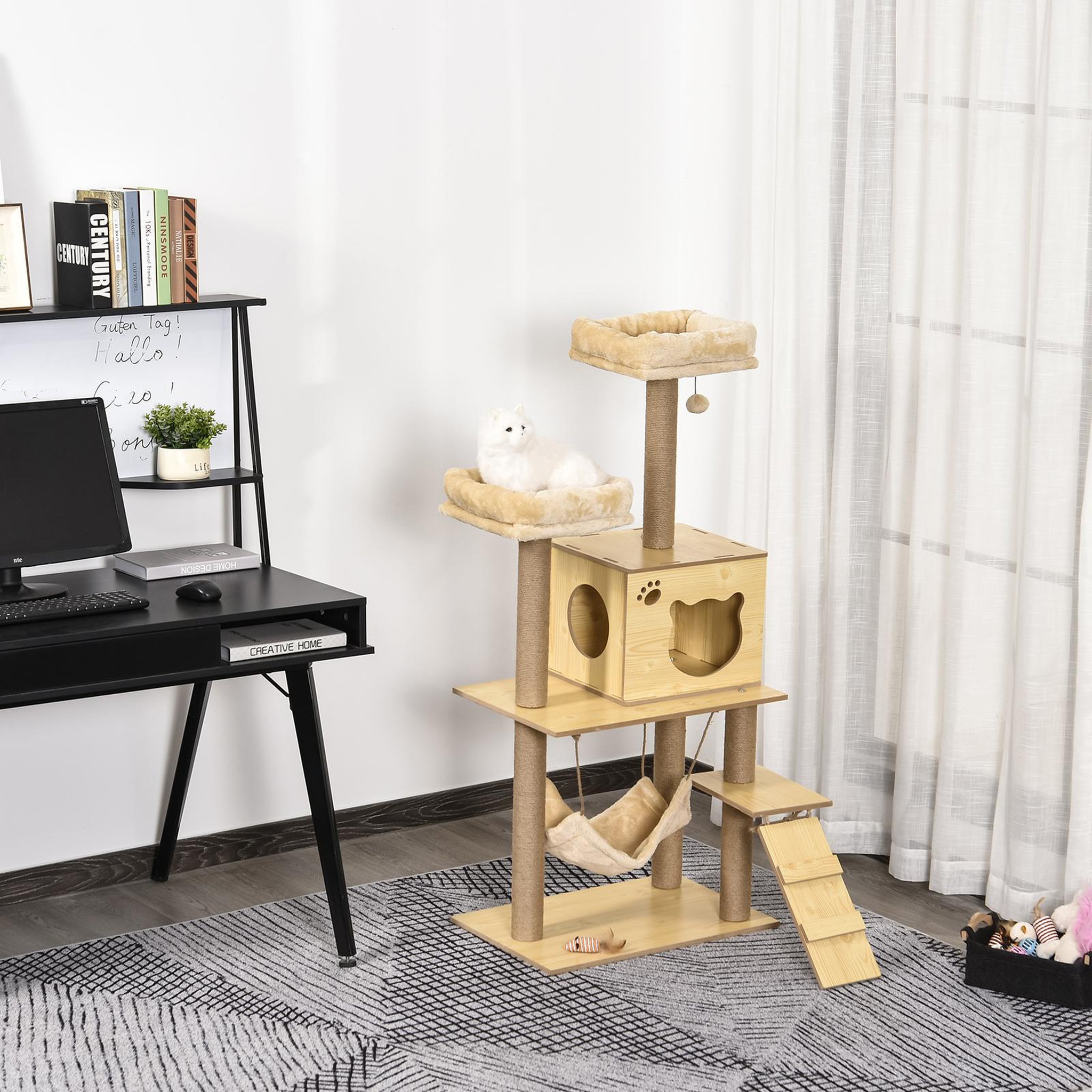 Voir la diapositive 2 : PAWHUT Arbre à chats design contemporain griffoirs grattoirs sisal naturel niche plate-formes hamac boule panneaux particules beige