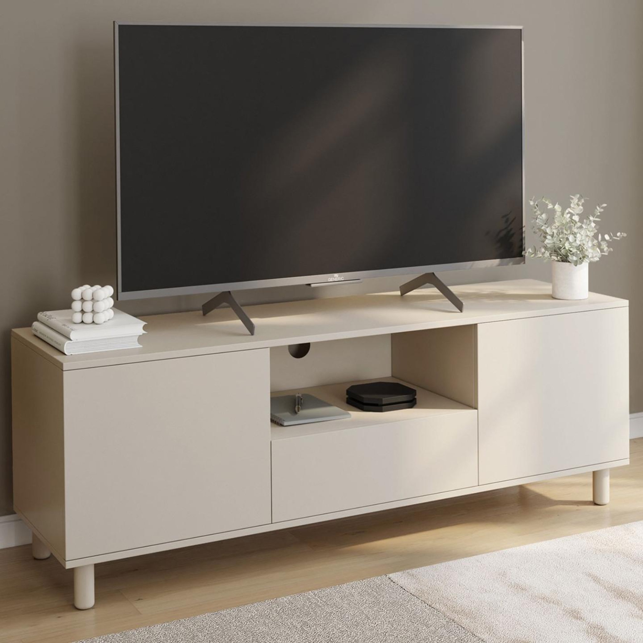 Voir la diapositive 2 : ID MARKET Meuble tv 140 cm bertille 3 portes bois beige