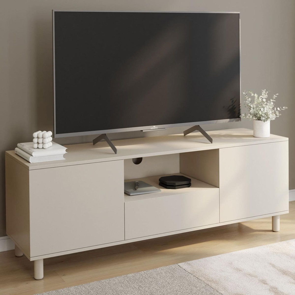 ID MARKET Meuble TV 140 cm BERTILLE 3 portes bois beige