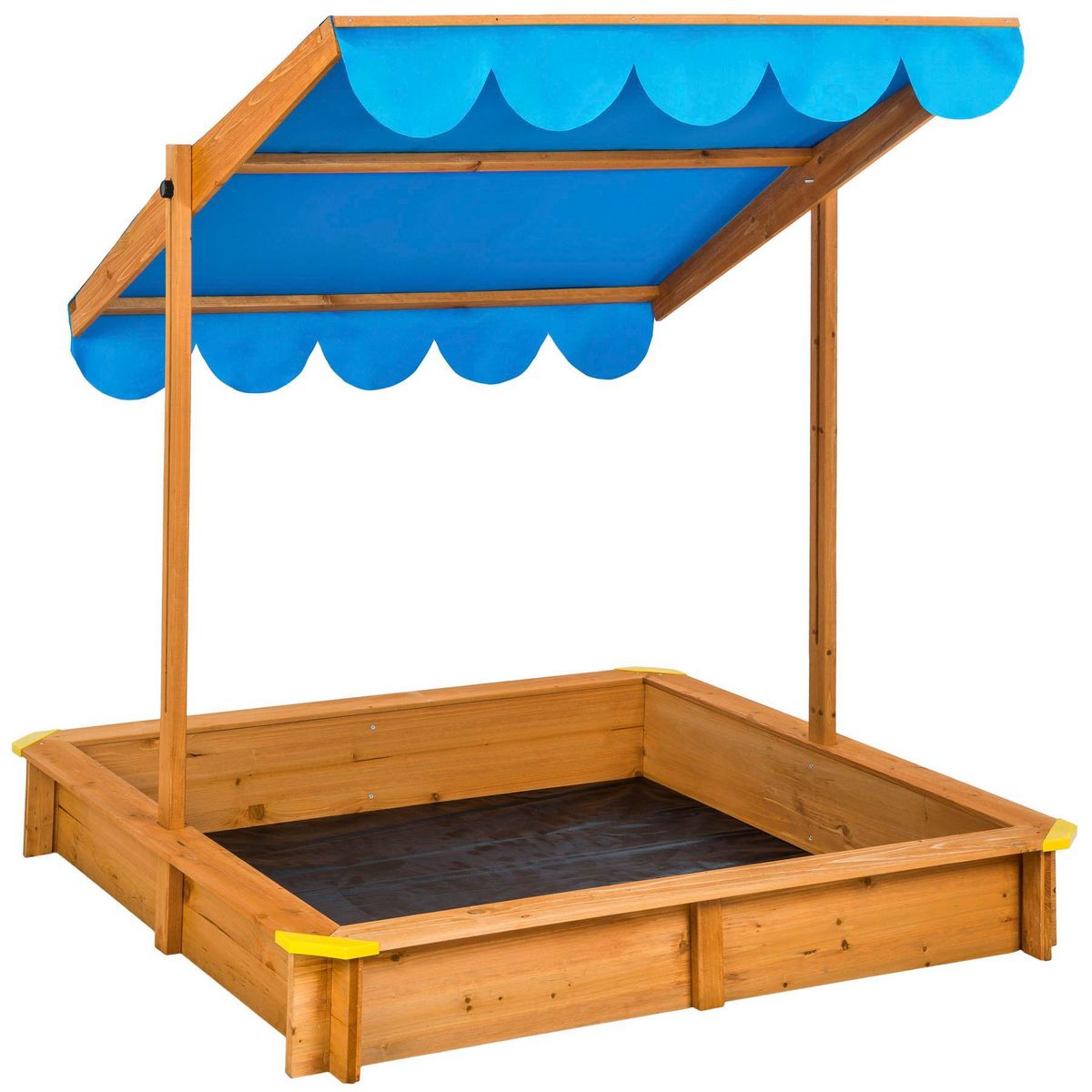 tectake Bac à sable, cabane de jardin enfant avec toit et véranda en bois avec toit réglable bleu