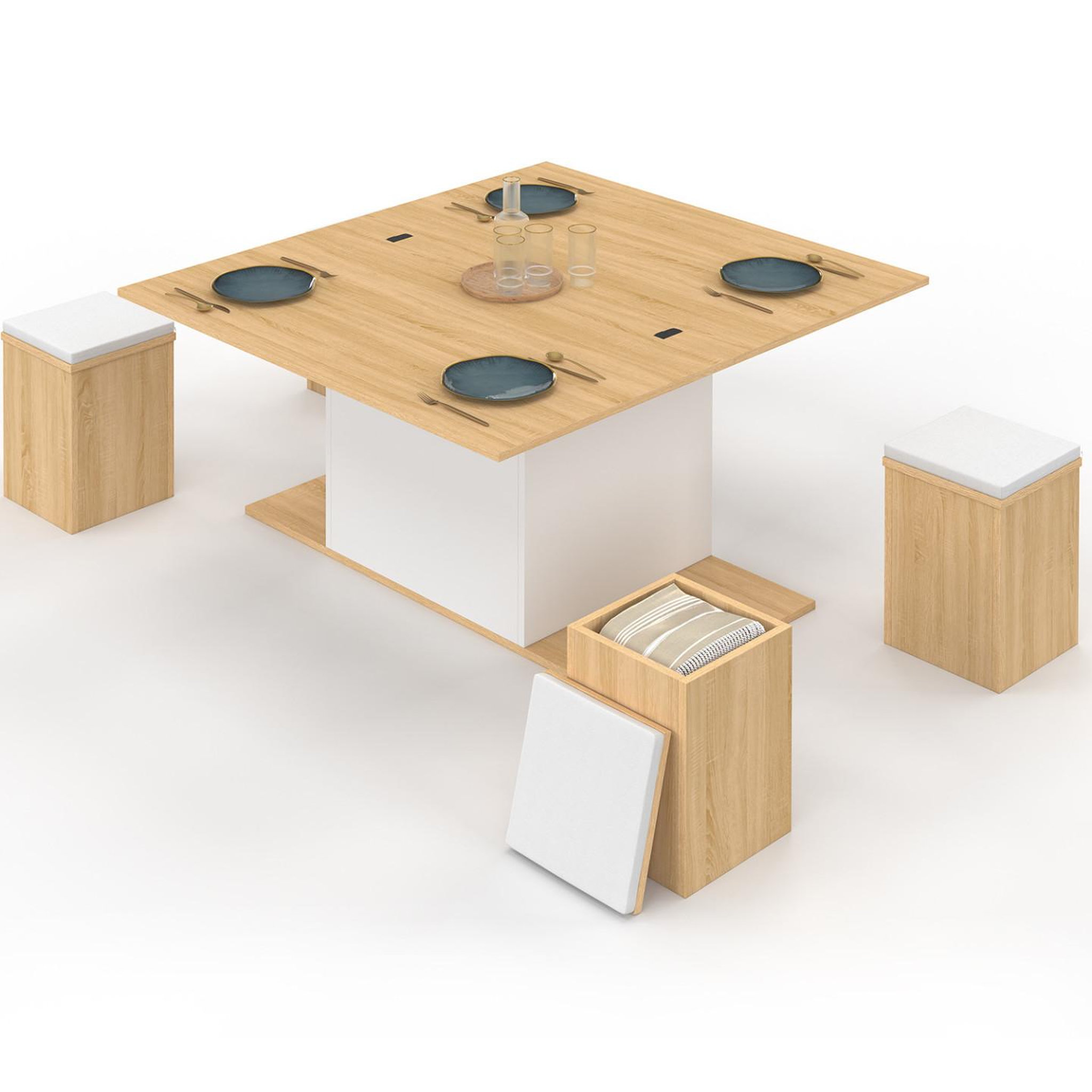 ID MARKET Table basse plateau relevable rectangulaire convertible en table à manger eden 100 cm bois et blanc avec poufs