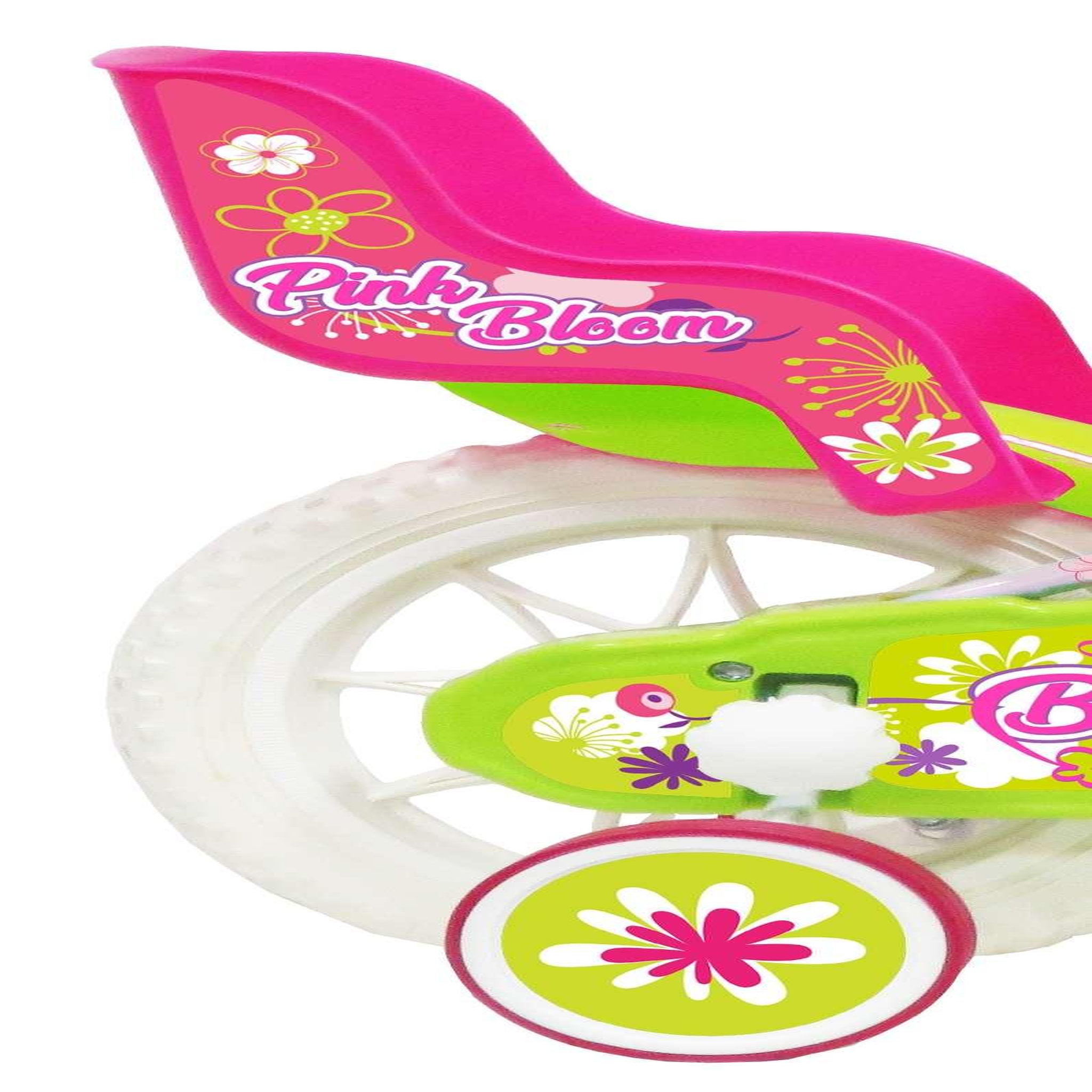 Voir la diapositive 2 : Vélo enfant - Modèle 12'' Pink Bloom pour enfant de 85 à 100 cm - 1 Frein - Panier avant - Porte poupée arrière et roues bâtons