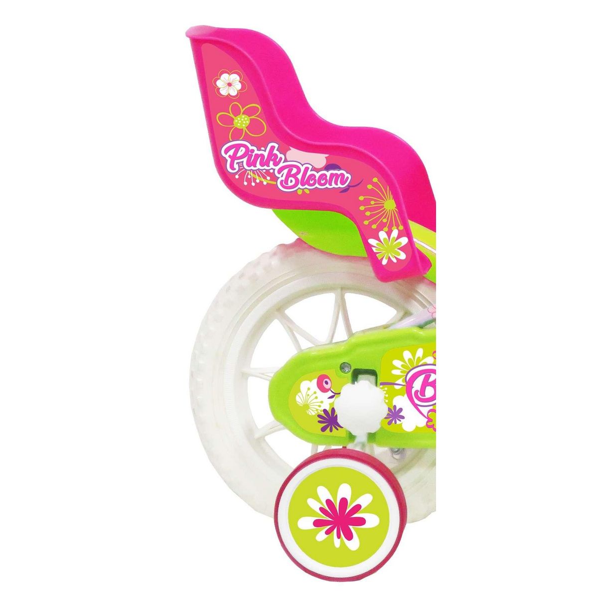 Vélo enfant - Modèle 12'' Pink Bloom pour enfant de 85 à 100 cm - 1 Frein - Panier avant - Porte poupée arrière et roues bâtons