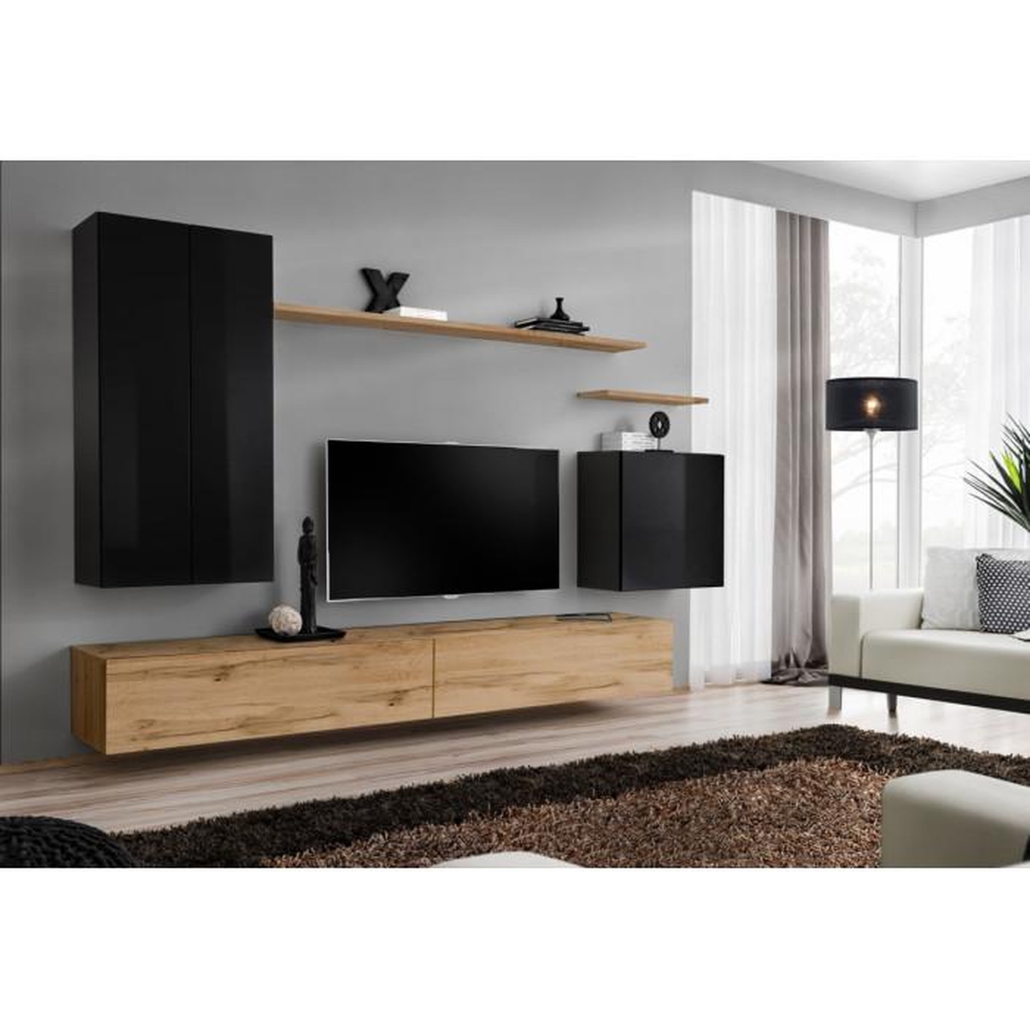 Voir la diapositive 2 : Paris Prix Meuble TV Mural Design  Switch II  270cm Noir & Naturel