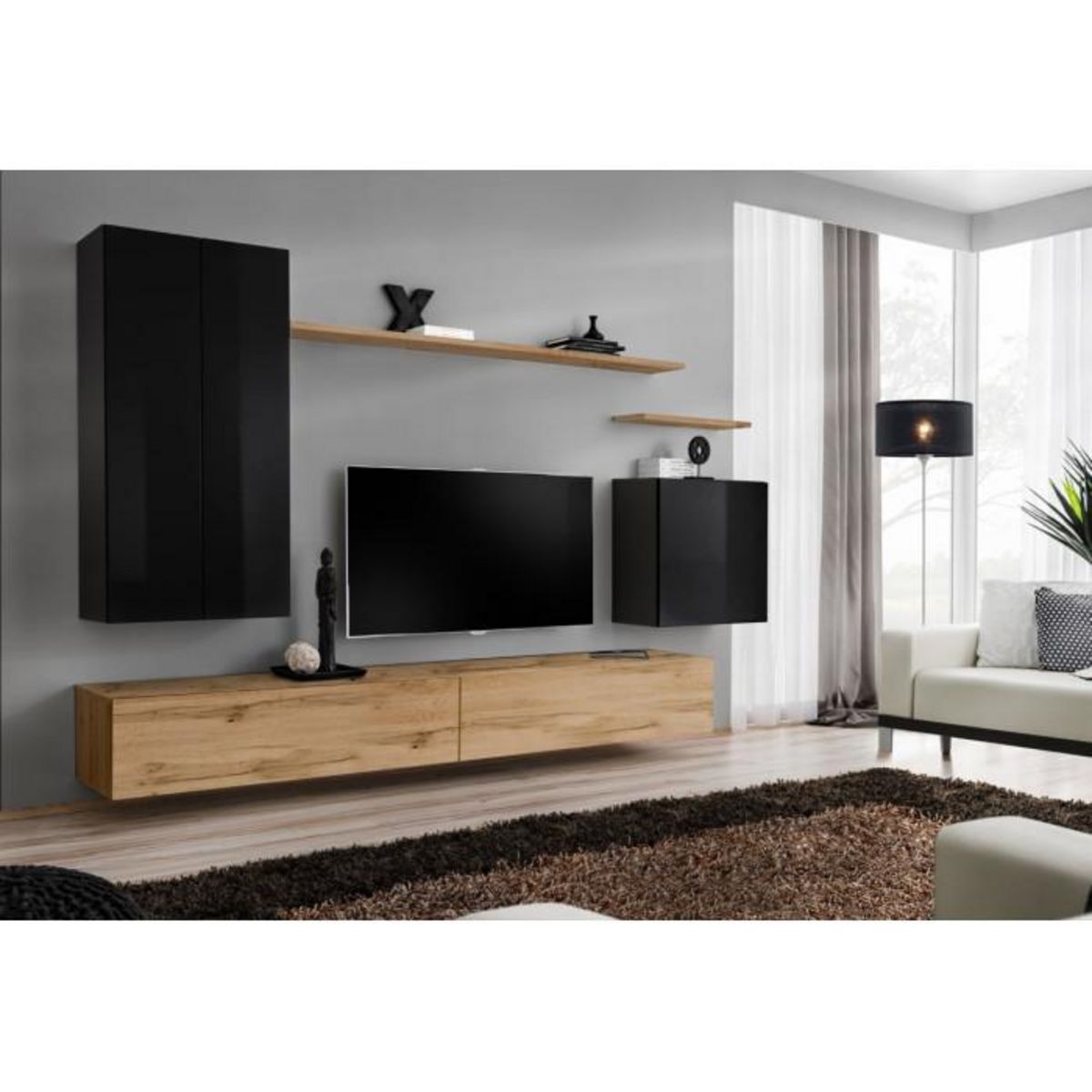 Paris Prix Meuble TV Mural Design  Switch II  270cm Noir & Naturel