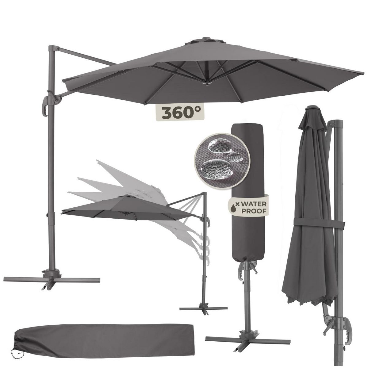 tectake Parasol ø 300 cm gris