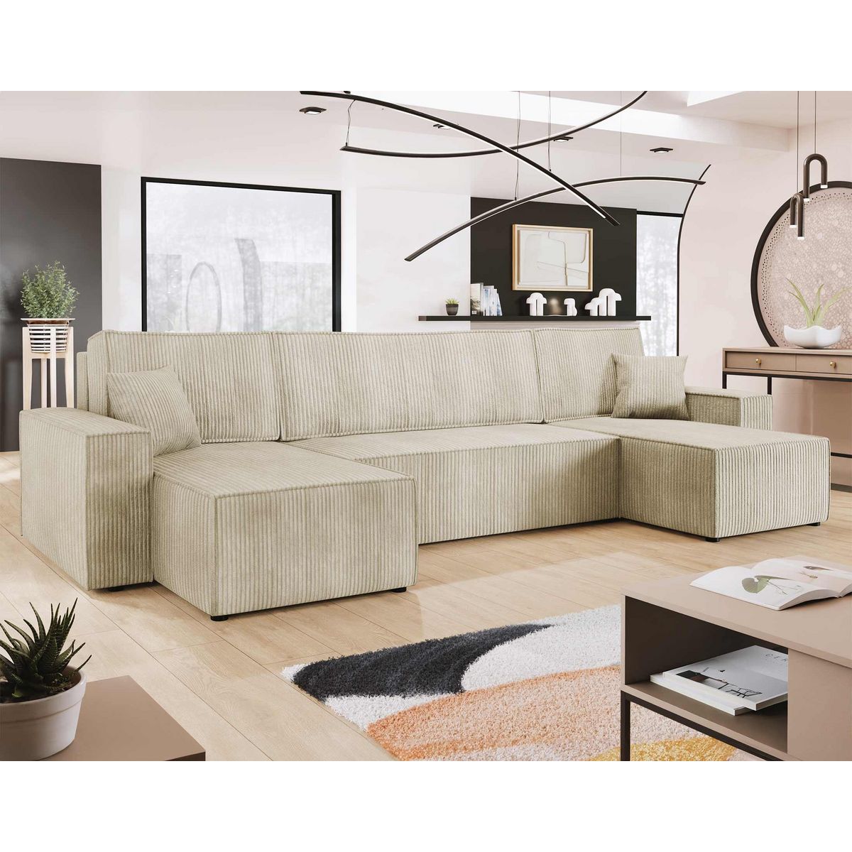 BEST MOBILIER Cezanne - canapé panoramique en u - 7 places - convertible avec coffre - en velours côtelé