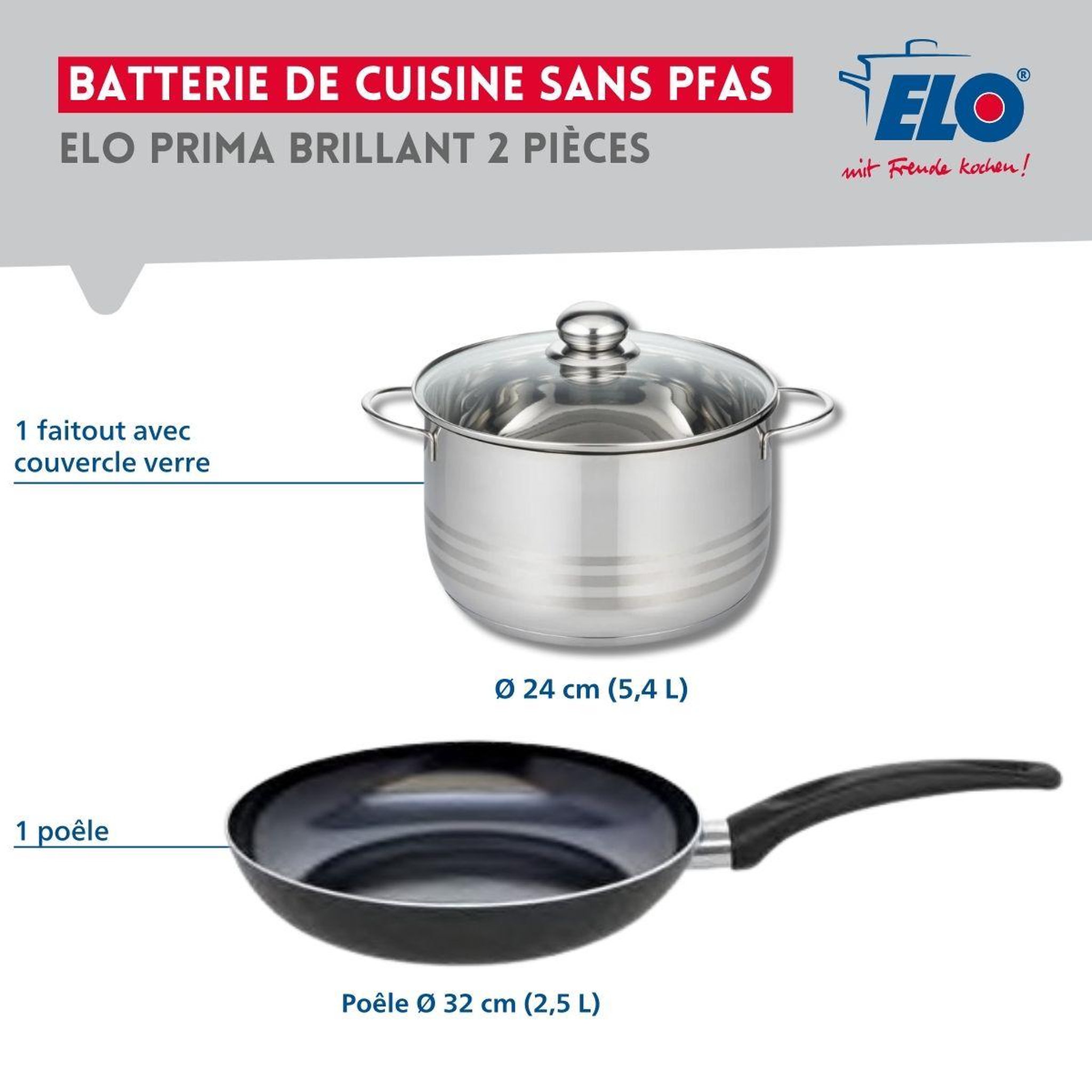 Voir la diapositive 2 : ELO Ensemble de 1 poêle de cuisson 32 cm et 1 faitout 24 cm elo prima brillant