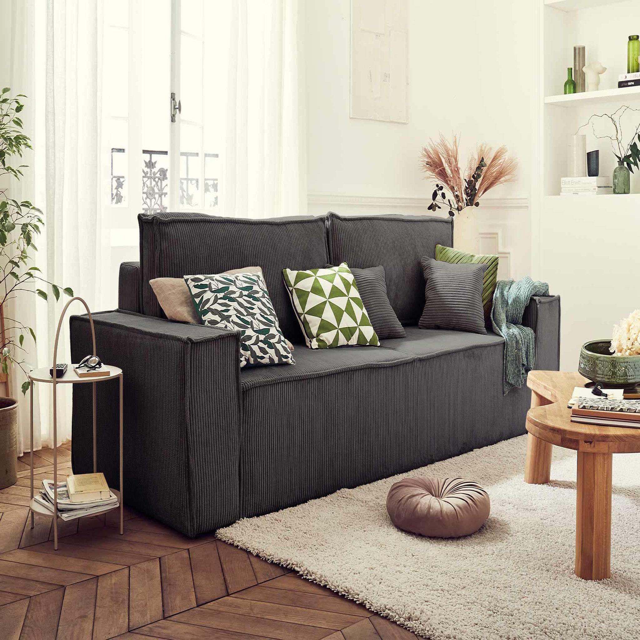Voir la diapositive 5 : BEST MOBILIER Dellia - canapé 3 places convertible - avec coffre - en velours côtelé - style contemporain
