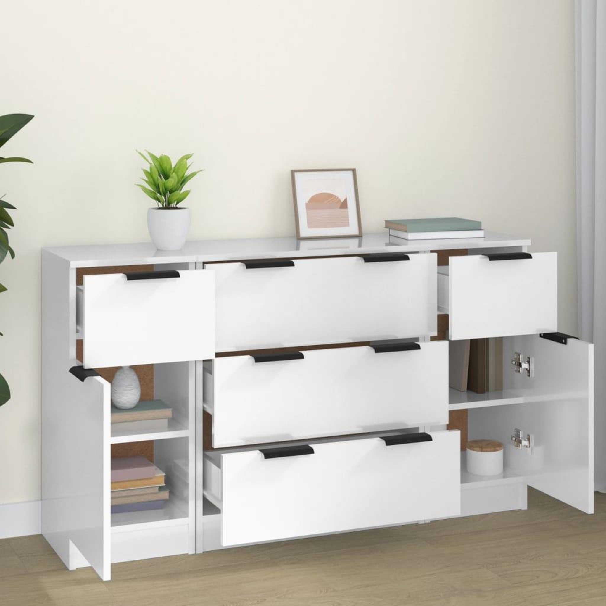 Voir la diapositive 3 : VIDAXL Ensemble de buffets 3 pcs Blanc brillant Bois d'ingenierie