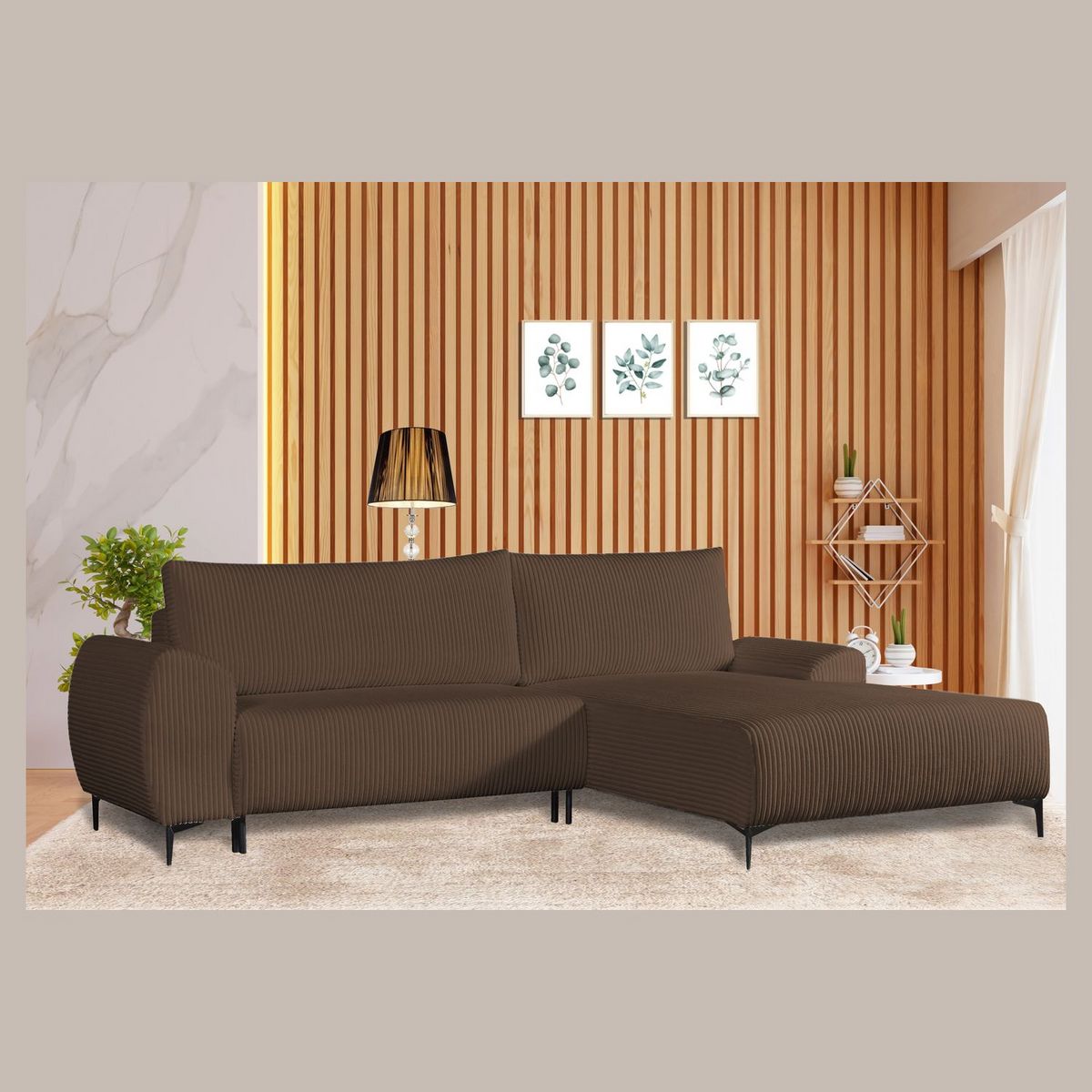 Canapé d'angle droit fixe convertible 5 places en velour côtelé CYRIL