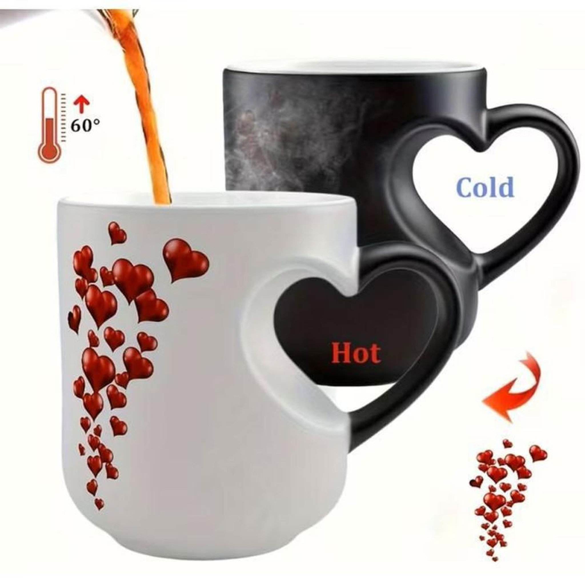 Voir la diapositive 3 : Tasse en céramique thermochromique 325 ml cœurs rouges : noire à froid, blanche à chaud