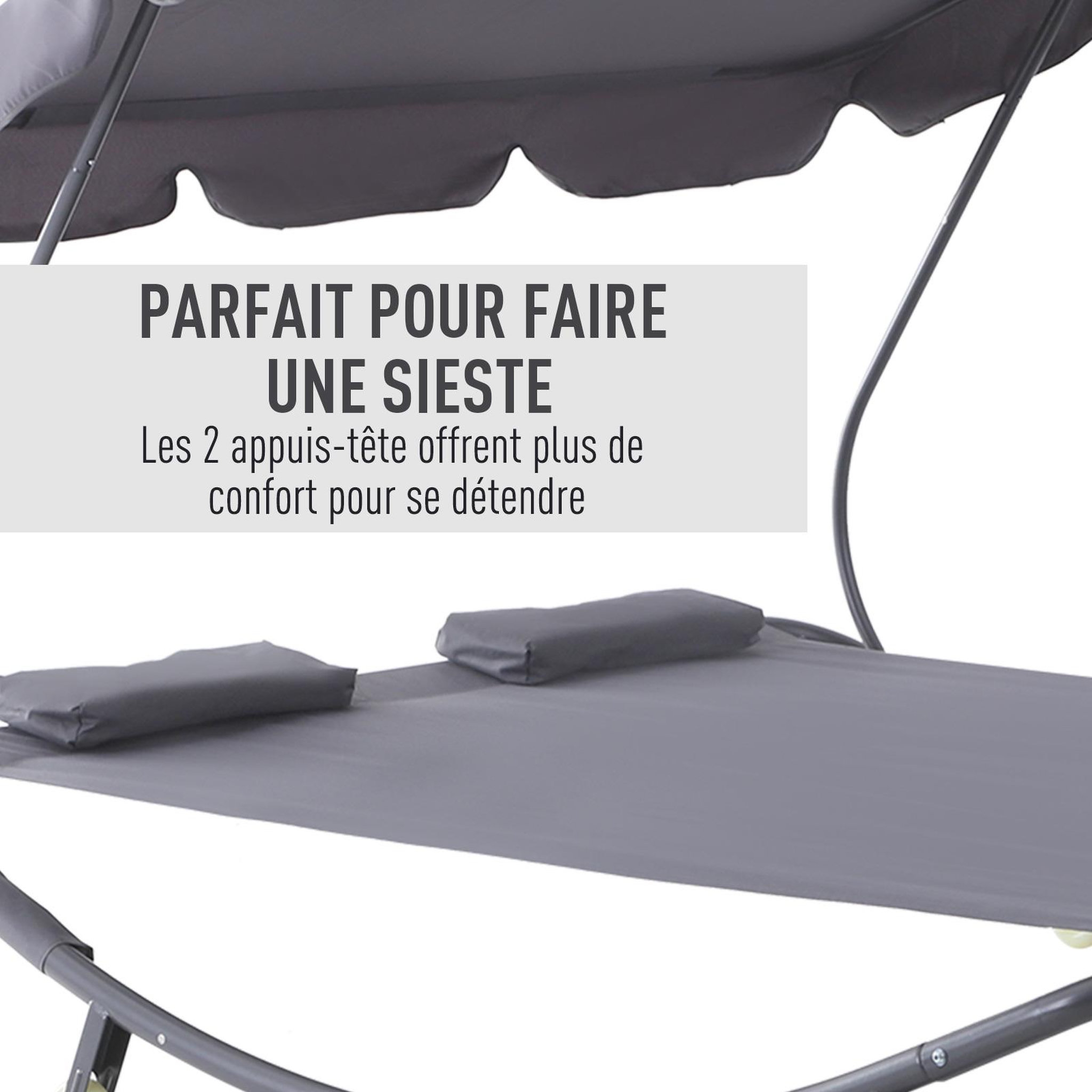Voir la diapositive 5 : OUTSUNNY Bain de soleil 2 places lit de jardin design contemporain toit réglable 2 roulettes 2 oreillers acier époxy polyester gris