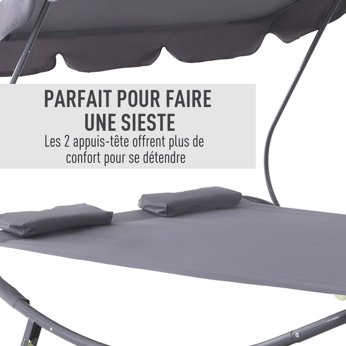 OUTSUNNY Bain de soleil 2 places lit de jardin design contemporain toit réglable 2 roulettes 2 oreillers acier époxy polyester gris