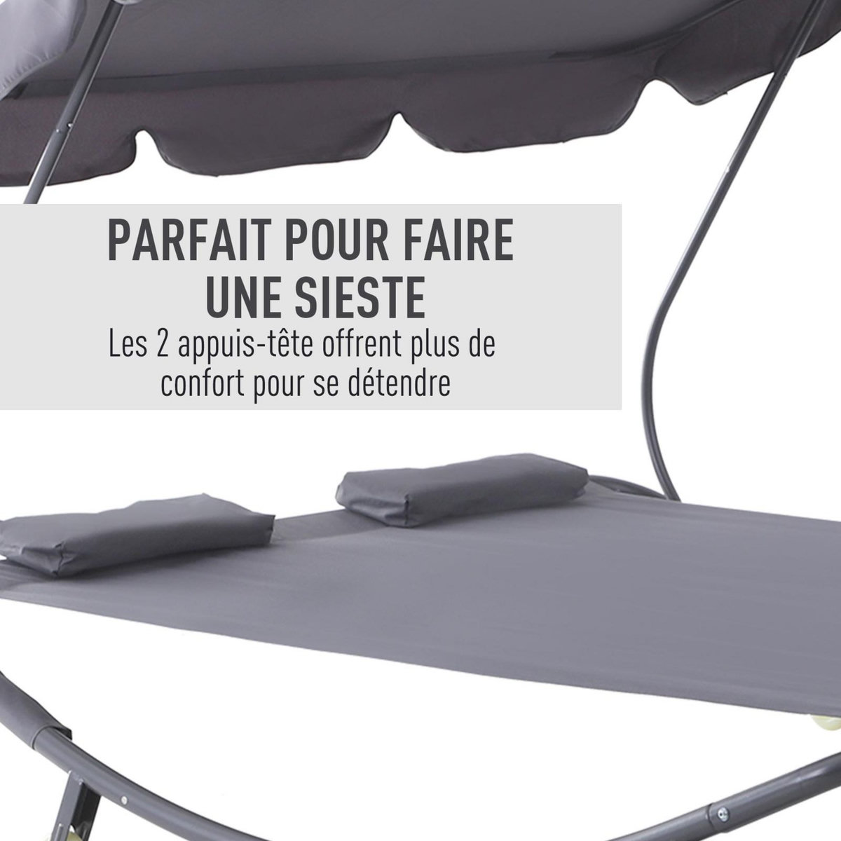 OUTSUNNY Bain de soleil 2 places lit de jardin design contemporain toit réglable 2 roulettes 2 oreillers acier époxy polyester gris