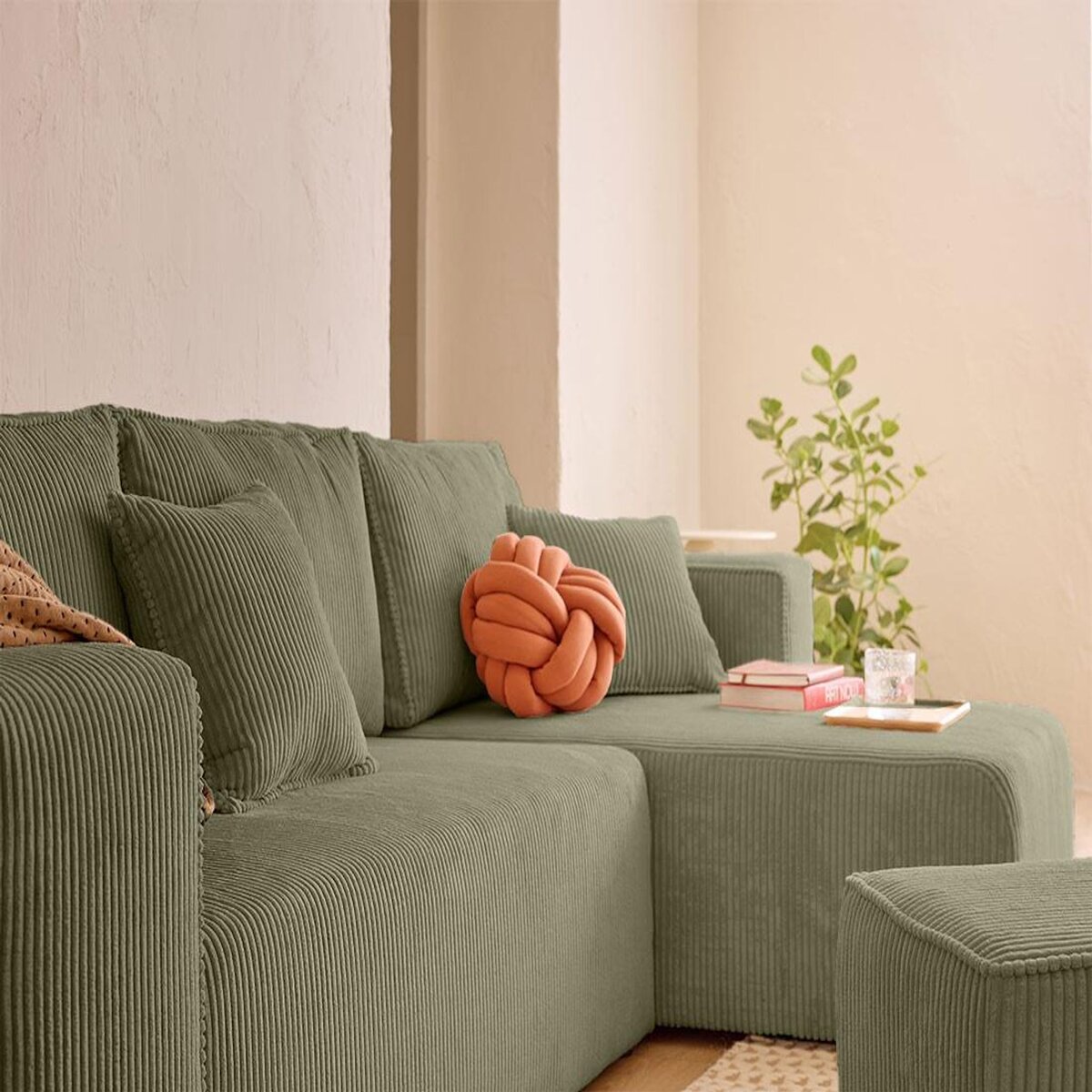 BEST MOBILIER Topaze - canapé d'angle réversible 4 places - convertible avec coffre, tablette et poufs - en velours côtelé