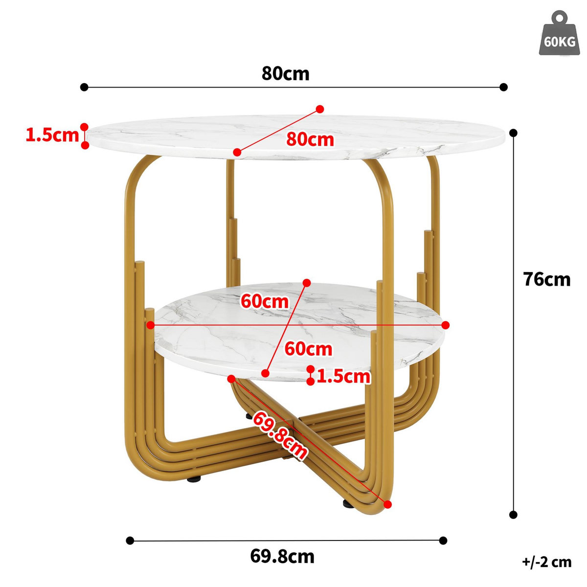 MERAX Table à manger ronde fixe blanc+doré - 80x80-80max.cm mdf