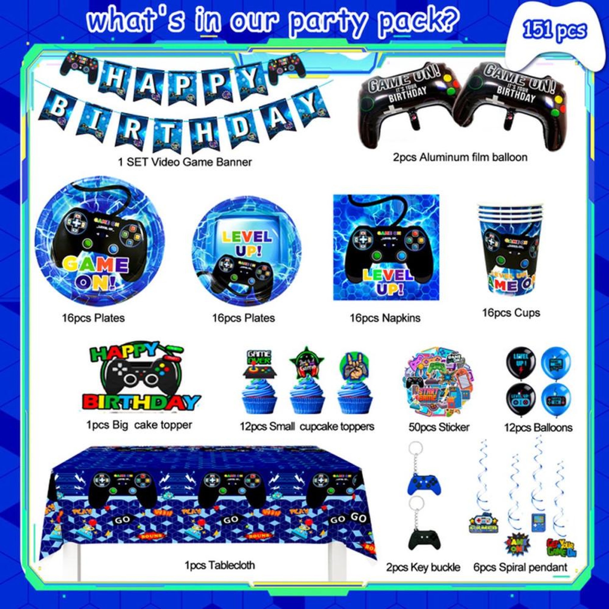 Voir la diapositive 2 : Kit déco anniversaire jeux vidéo : bannière tissu, nappe, assiettes et gobelets, ballons aluminium, stickers et décorations gâteau