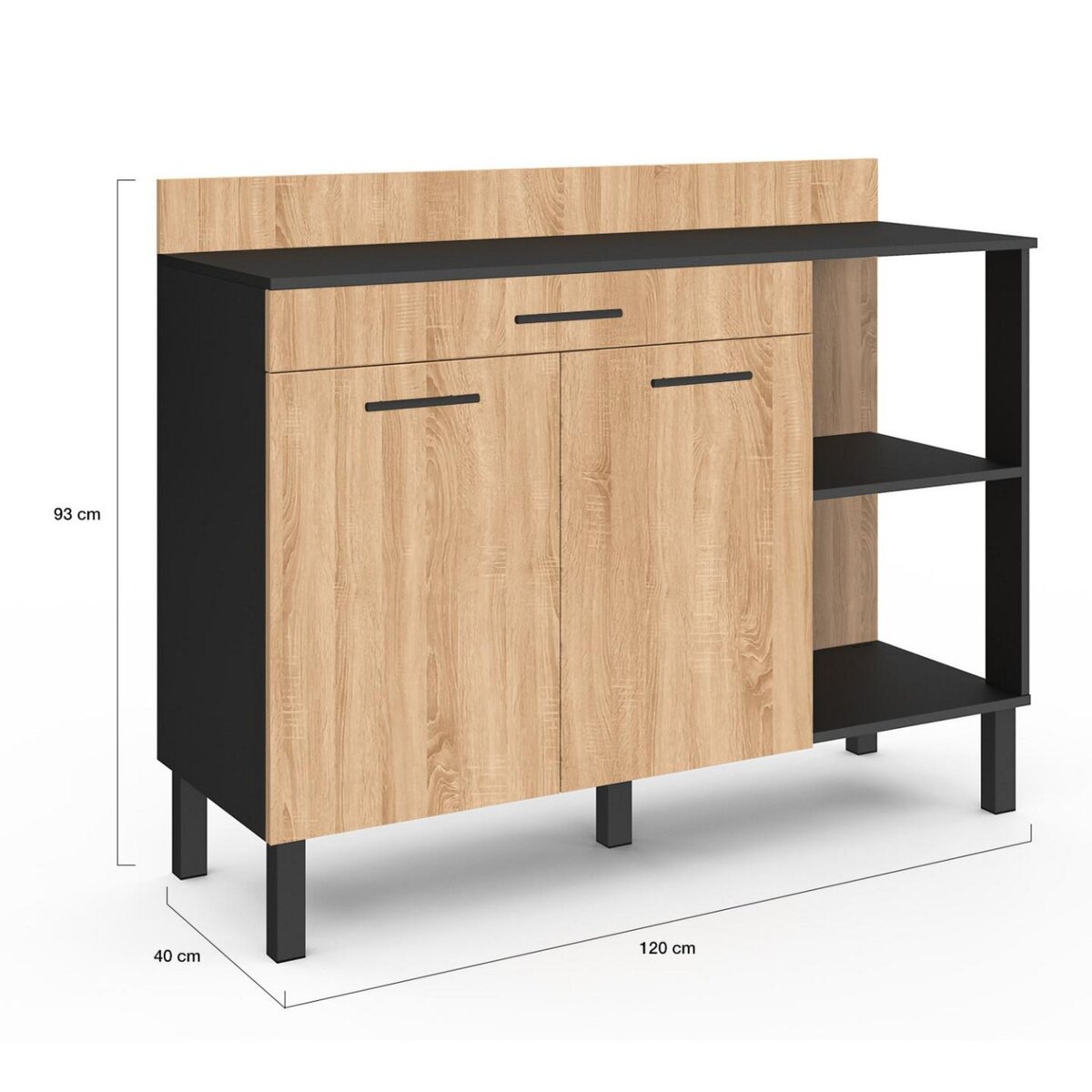 ID MARKET Buffet bas de cuisine 120 cm CINA plan de travail H.83 cm 2 portes + tiroir noir et façon hêtre