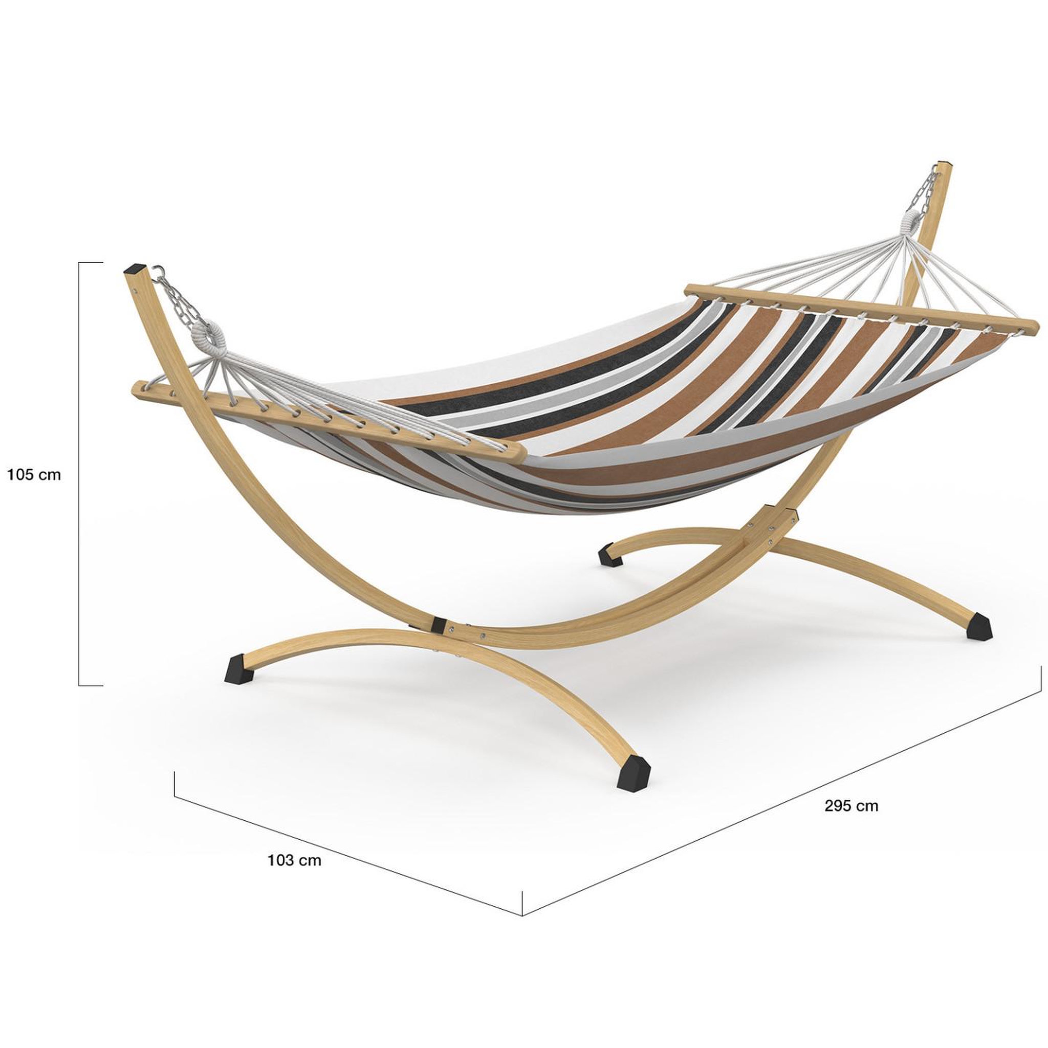 Voir la diapositive 4 : ID MARKET Hamac xl avec support métal effet bois et toile rayée noire, blanche et chocolat