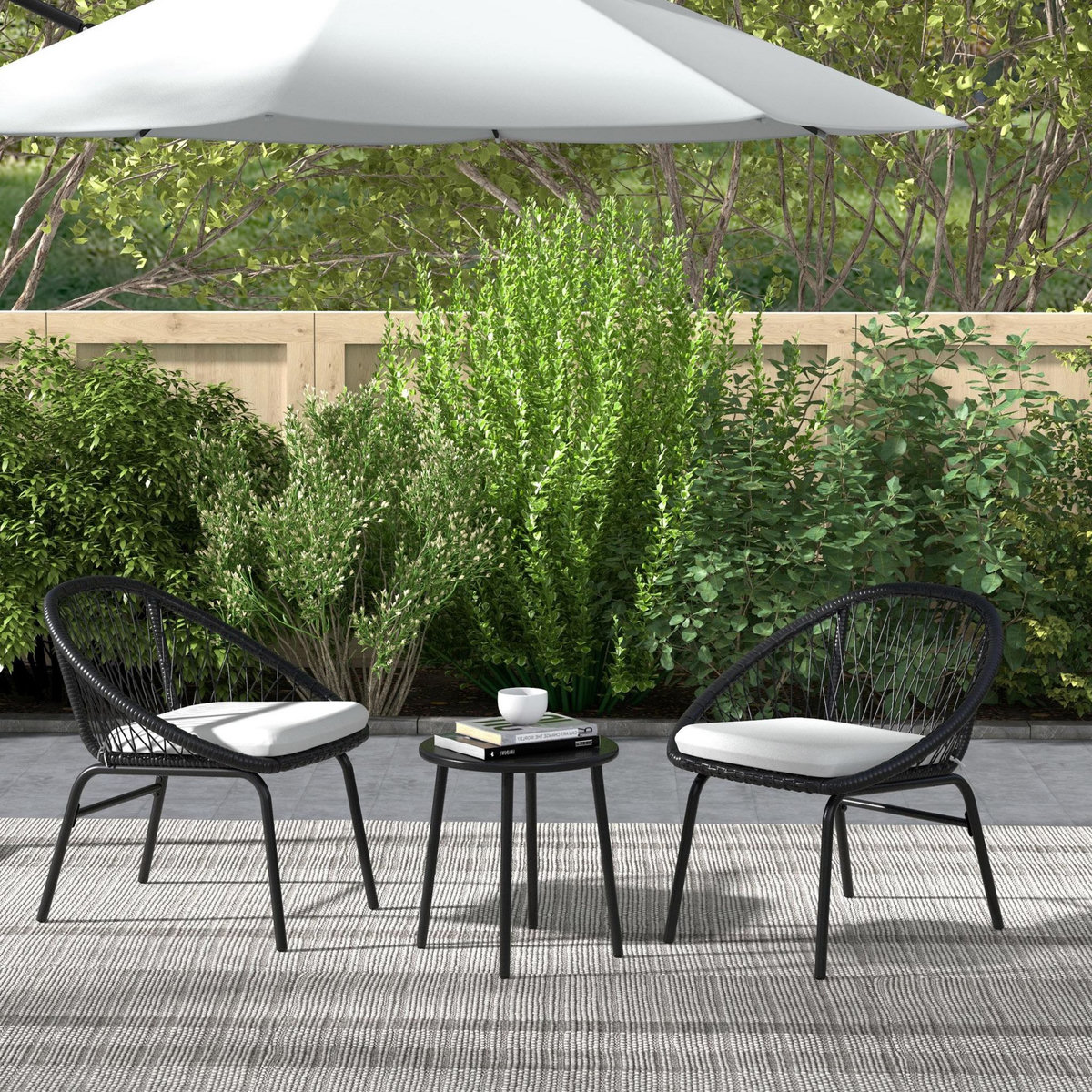 OUTSUNNY Ensemble salon de jardin 3 pièces 2 personnes avec coussins noir