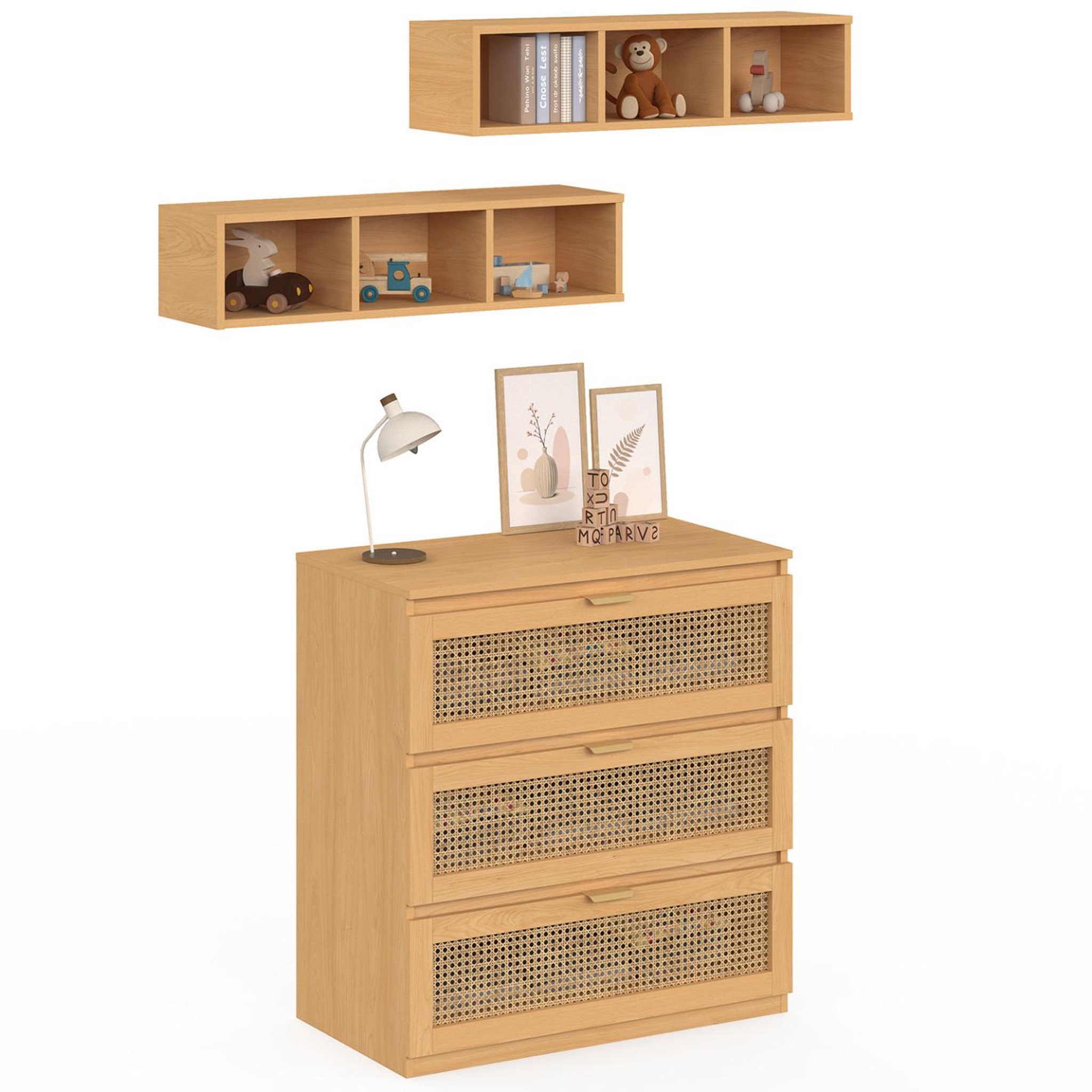 Voir la diapositive 4 : ID MARKET Commode à langer évolutive edhen bois et cannage 3 tiroirs, table à langer et 2 étagères amovibles