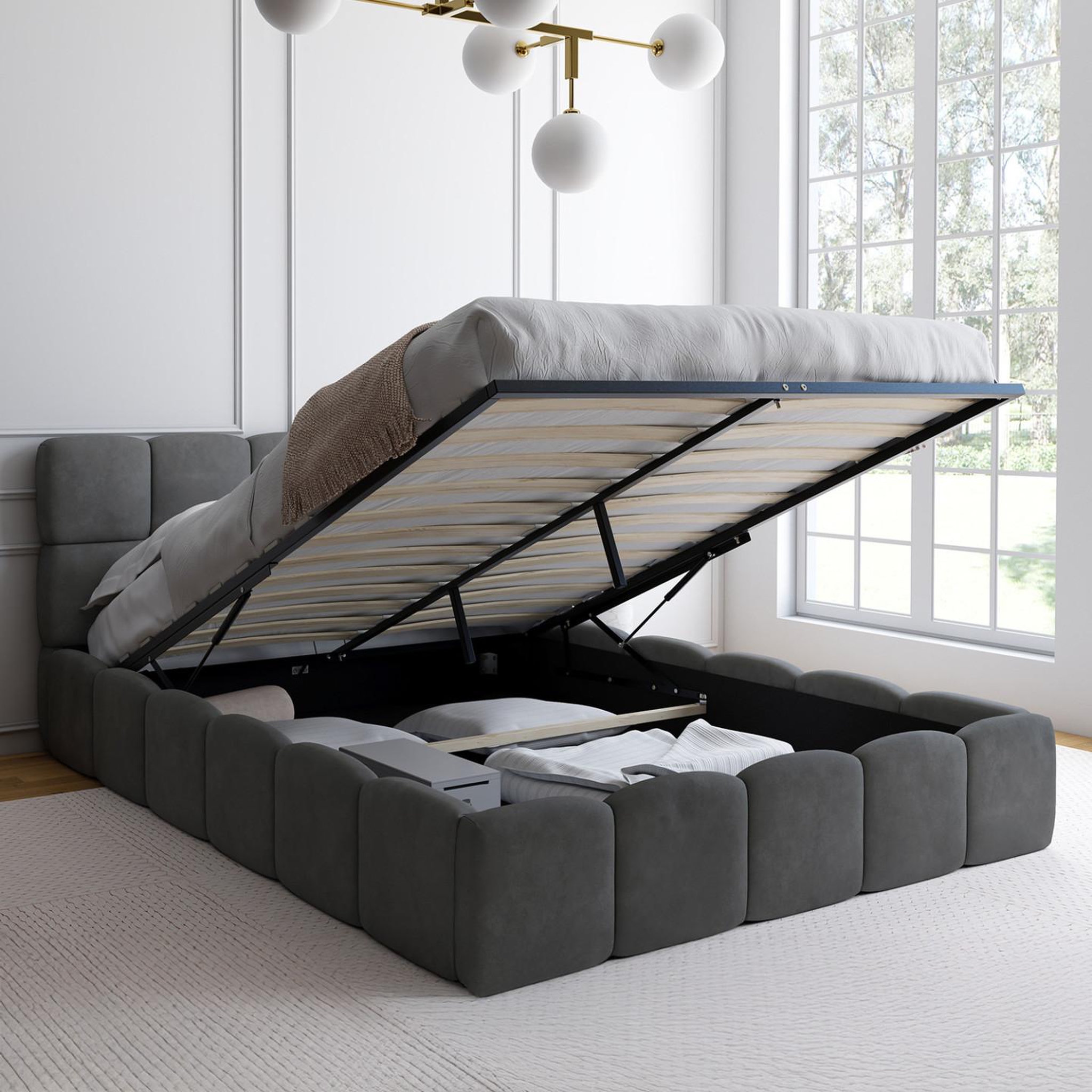 Voir la diapositive 2 : ID MARKET Lit coffre double nuage avec tête de lit matelassée et sommier 140 x 190 cm velours gris