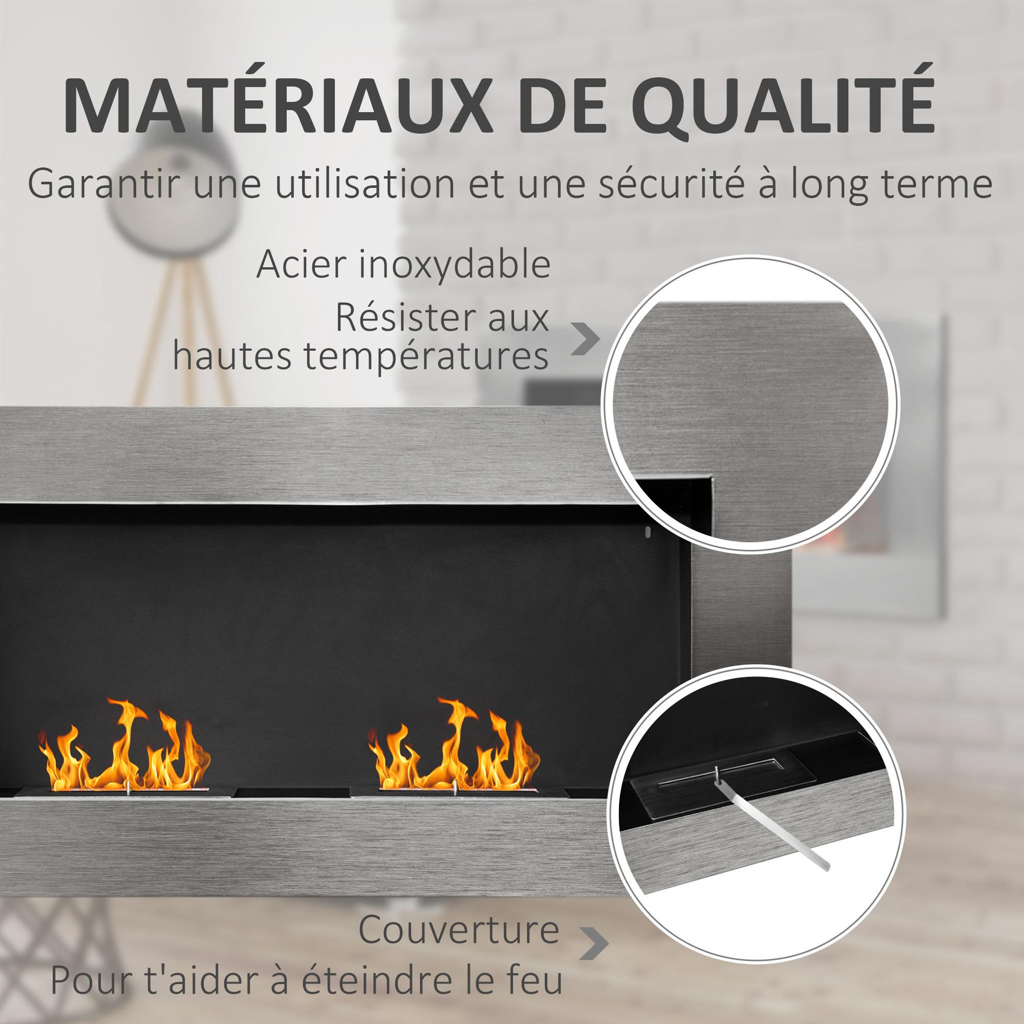 Voir la diapositive 6 : HOMCOM Cheminée bioéthanol murale design bauhaus double brûleur 3 l 110l x 14l x 54h cm couverture 25-30 m² acier inox. Brossé
