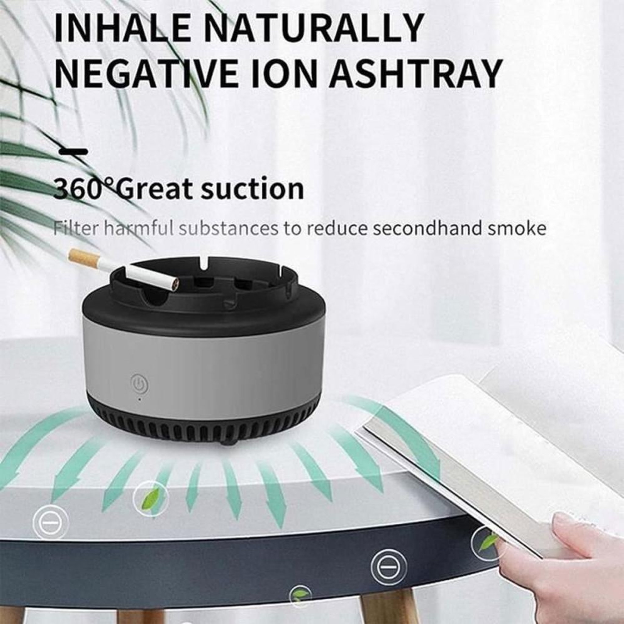 Voir la diapositive 3 : Cendrier électronique purificateur par ions négatifs avec aspiration 360°, filtre à charbon actif et recharge USB, noir, anneau lumineux vert