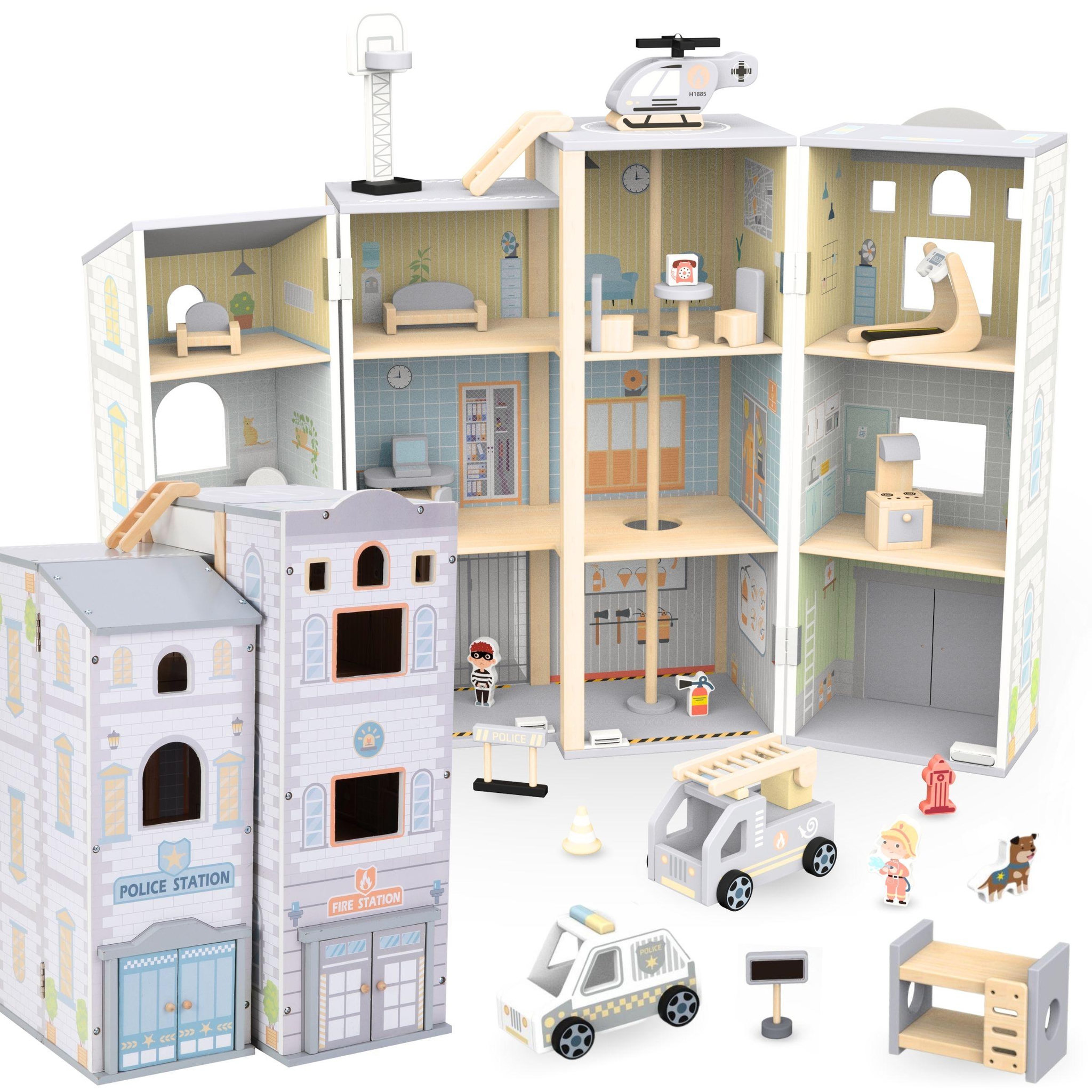 Voir la diapositive 2 : MAMABRUM Jouet de Construction en Bois, Grande Caserne de Pompiers - Poste de Police, 3 étages - 4 Figurines