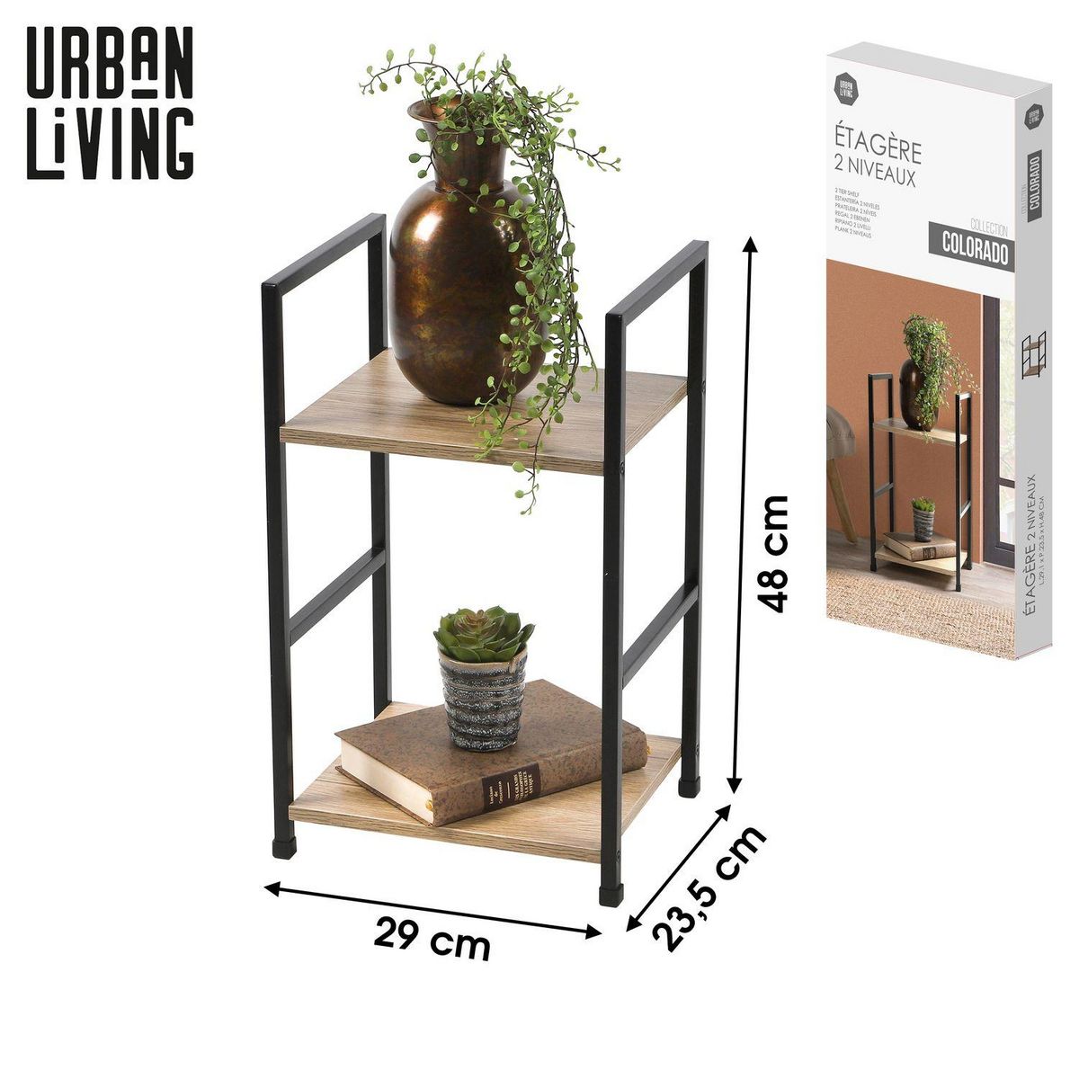 TOILINUX Etagère droite échelle 2 niveaux Colorado H.48 en Métal et MDF - Beige et Noir