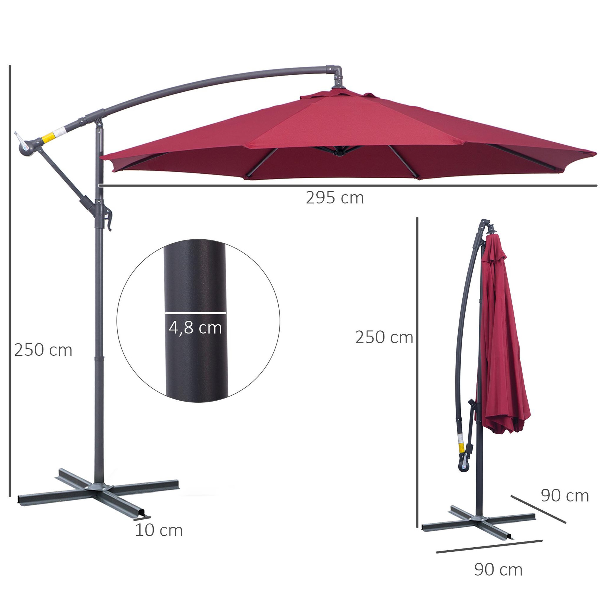 Voir la diapositive 3 : OUTSUNNY Parasol déporté octogonal à manivelle inclinable manivelle avec pied en acier diamètre 3 m rouge