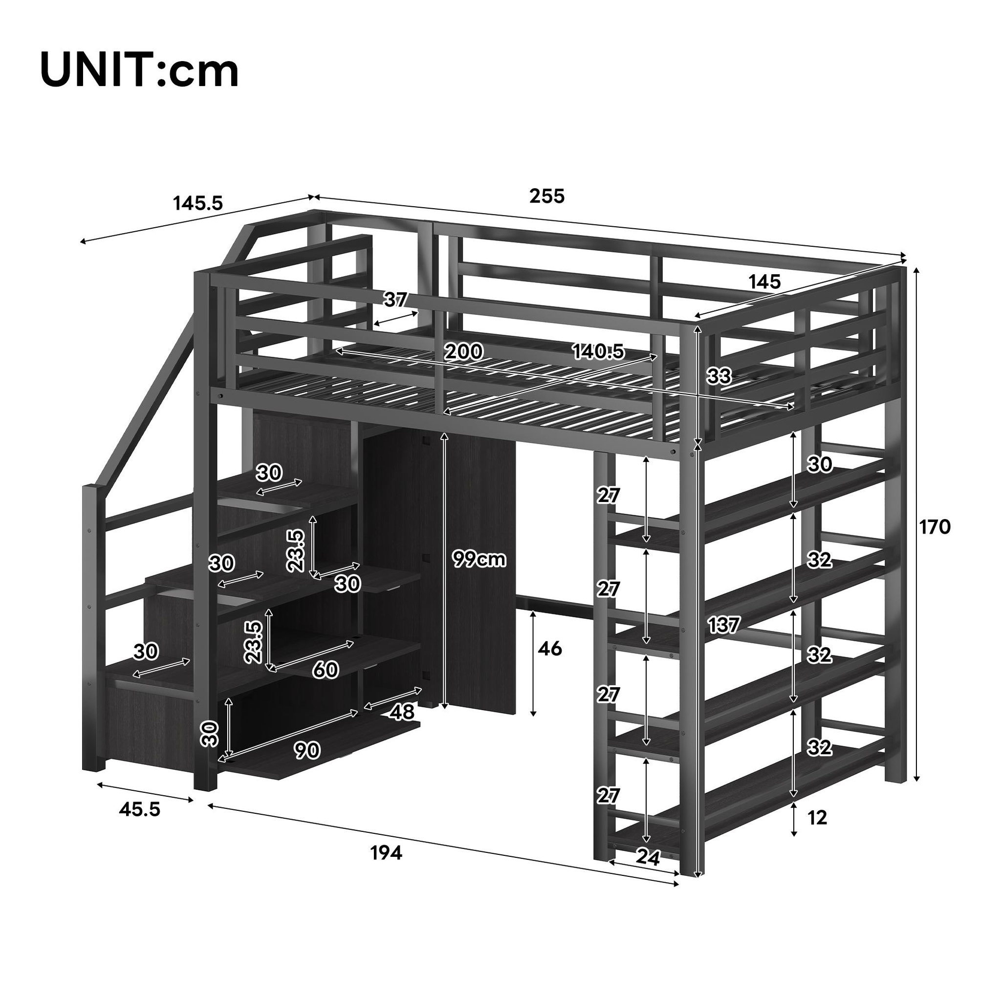 Voir la diapositive 3 : MERAX Lit mezzanine 140x200 cm coloris noir led métal