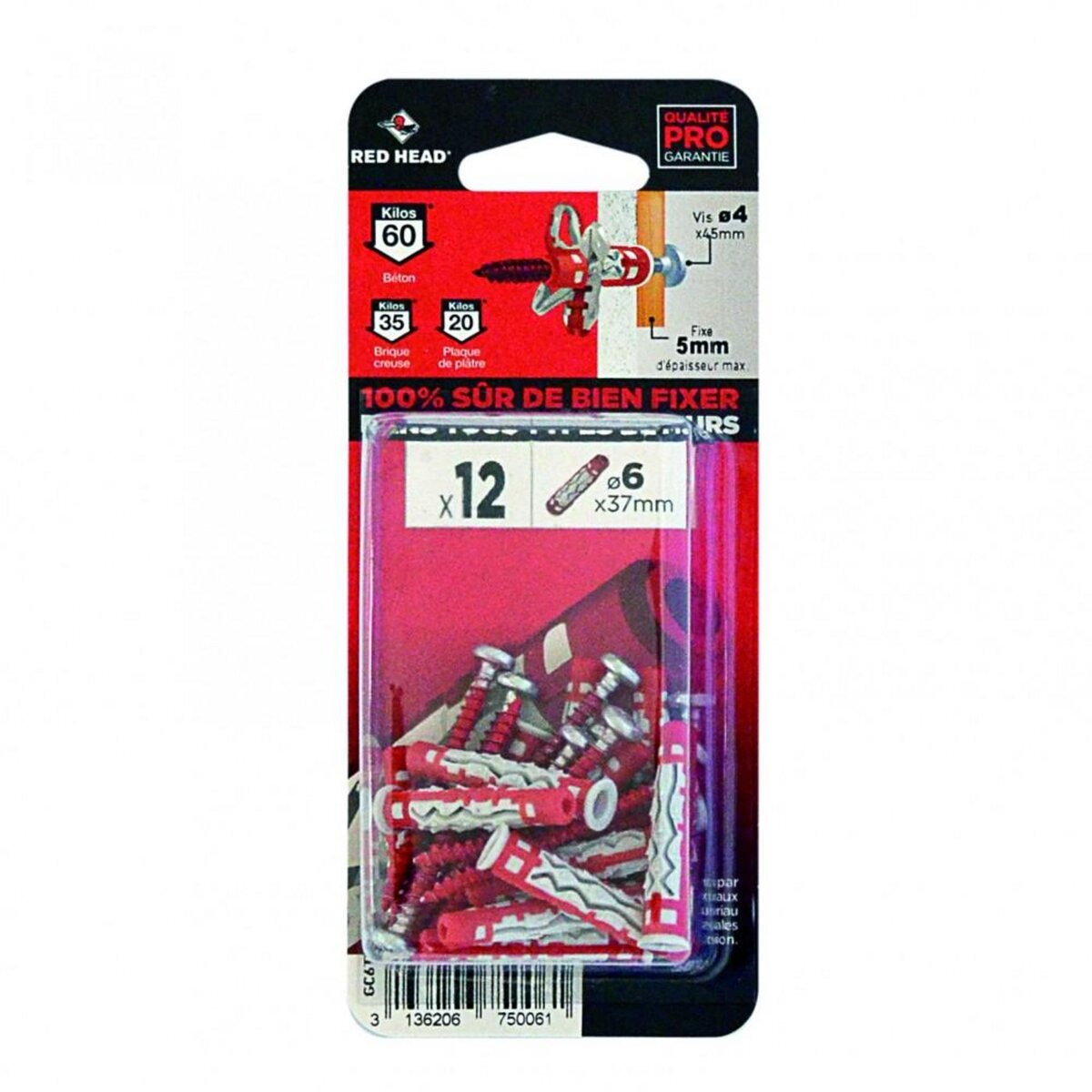 RED HEAD Lot de 12 chevilles et vis couleur RED HEAD, Diam.6 mm x L.37 mm