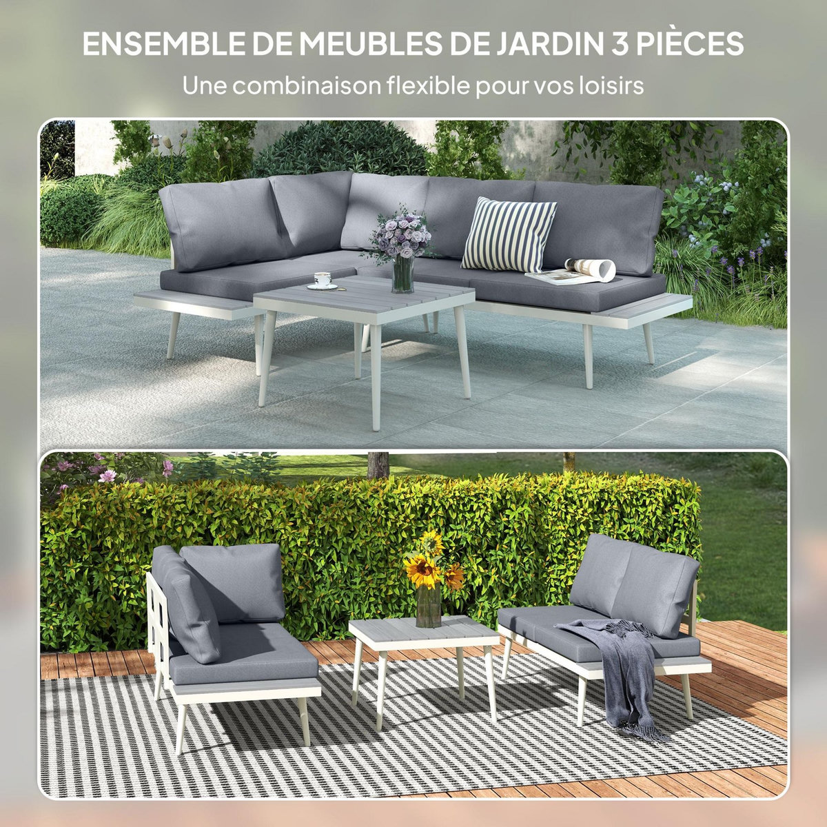 OUTSUNNY Ensemble salon de jardin modulable 4 personnes 3 pièces design métal crème coussins gris