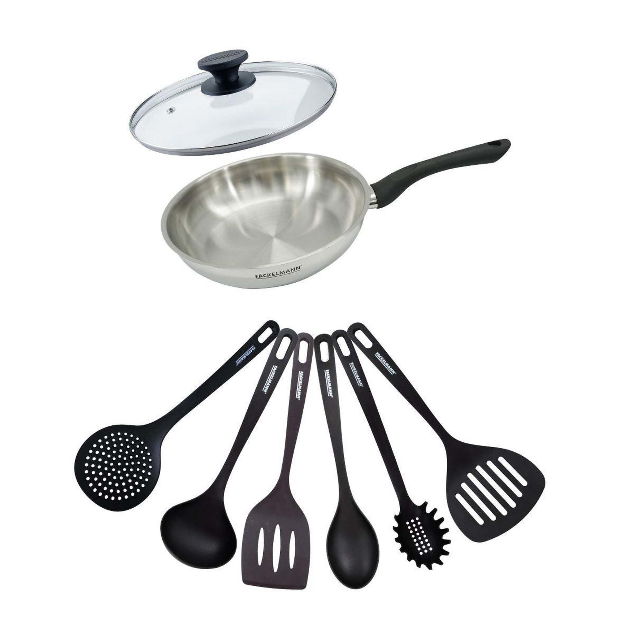 Fackelmann Set poêle 24 cm en inox, couvercle verre et 6 ustensiles fackelmann geneva