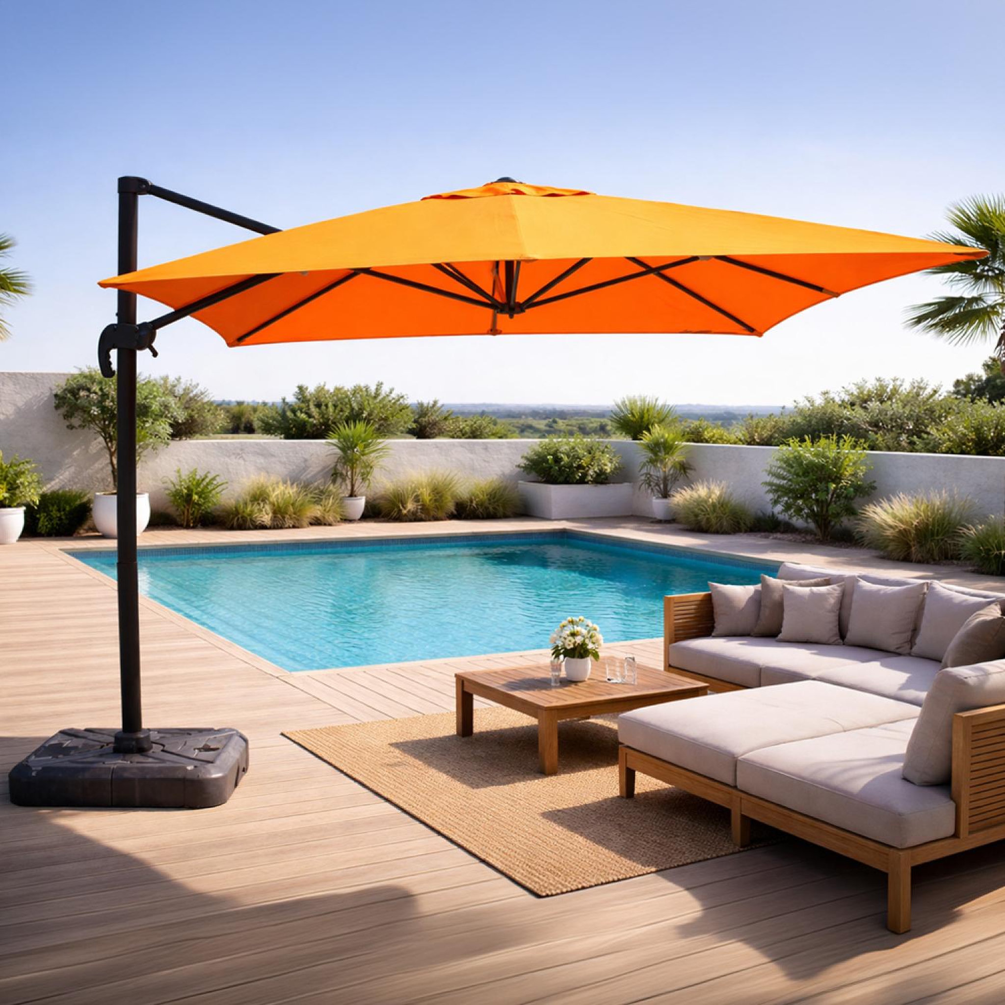 Voir la diapositive 2 : CONCEPT USINE Parasol rectangulaire 3x4m déporté rotatif orange en aluminium CESARE
