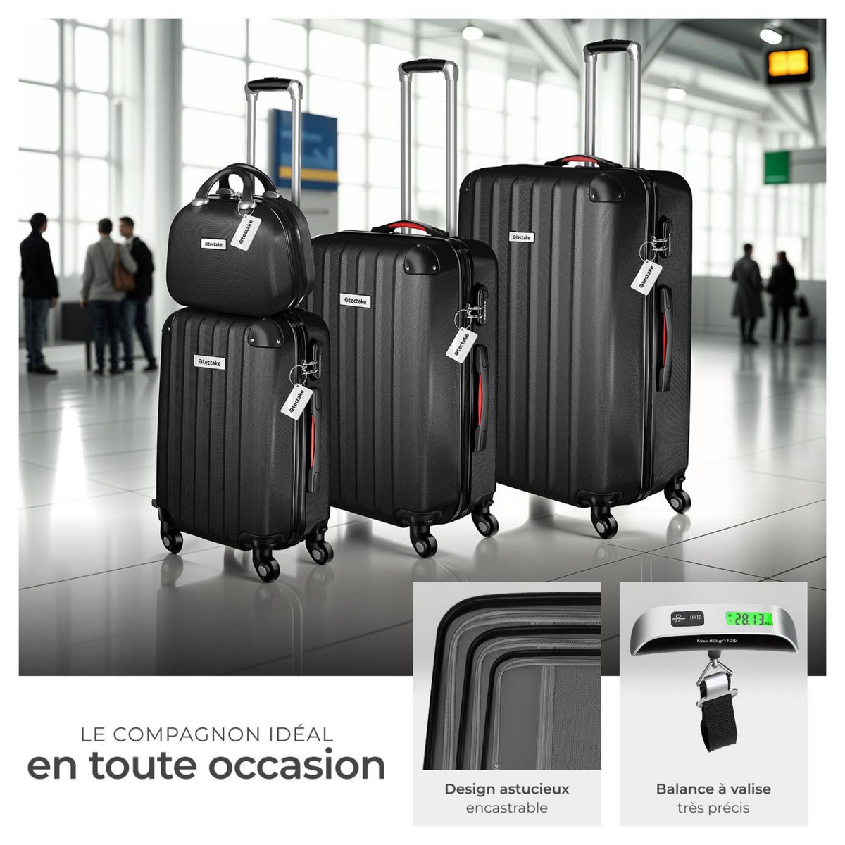 tectake Set de valises rigides 4 pièces, 3 Trolleys, 1 Vanity case, Balance et étiquette bagages inclus noir