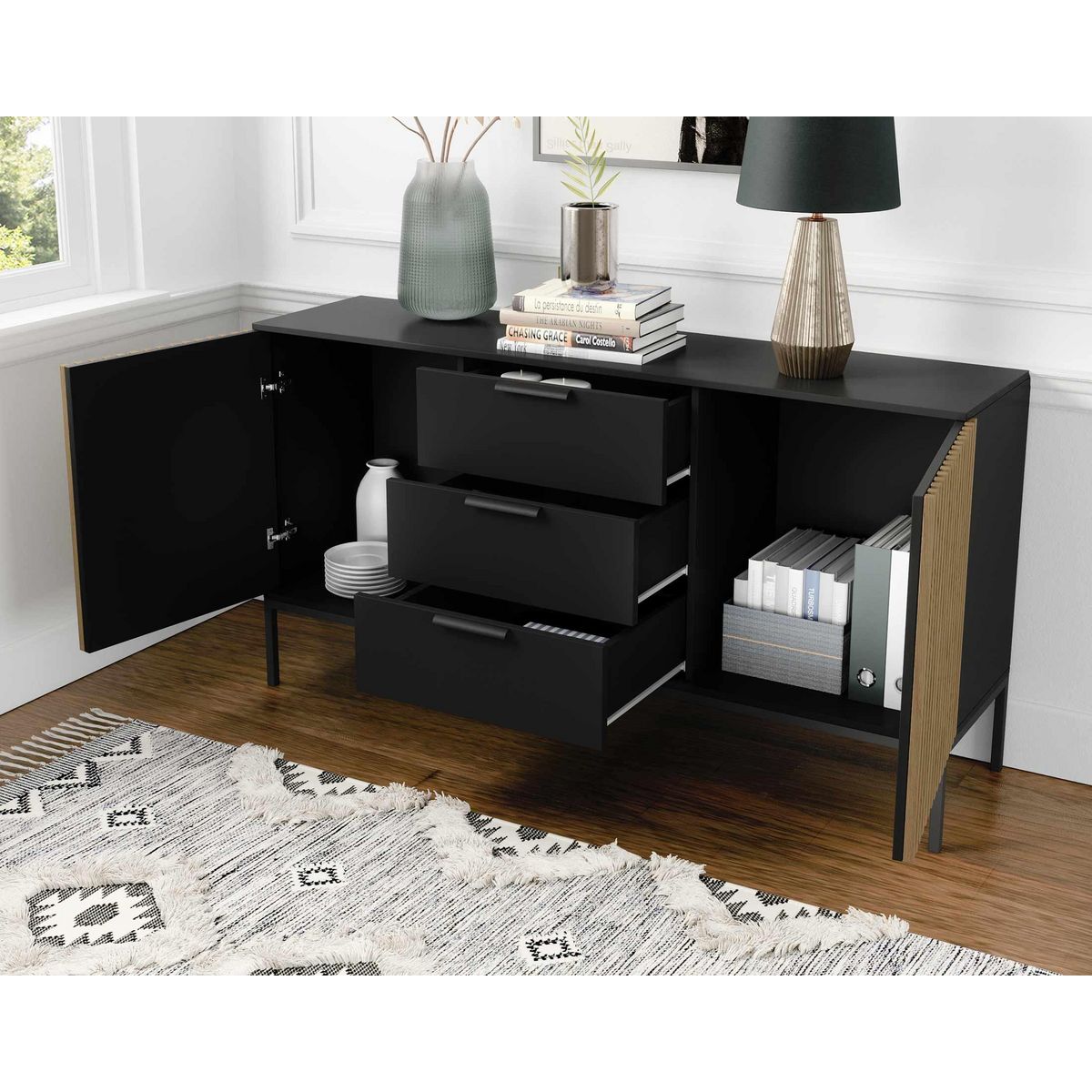 BEST MOBILIER Savanna - buffet bas - effet bois et noir - 150 cm