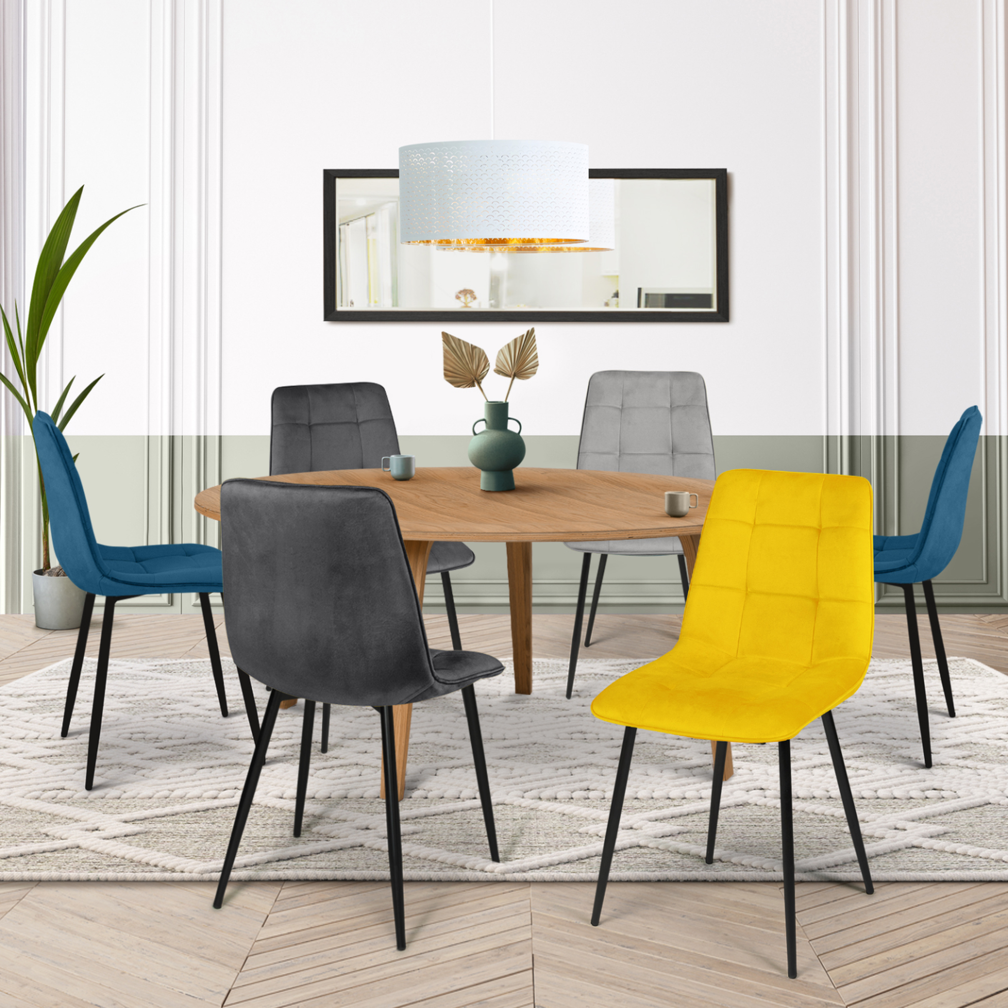 Voir la diapositive 2 : ID MARKET Lot de 6 chaises mila en velours mix color bleu x2, gris foncé x2, gris clair, jaune
