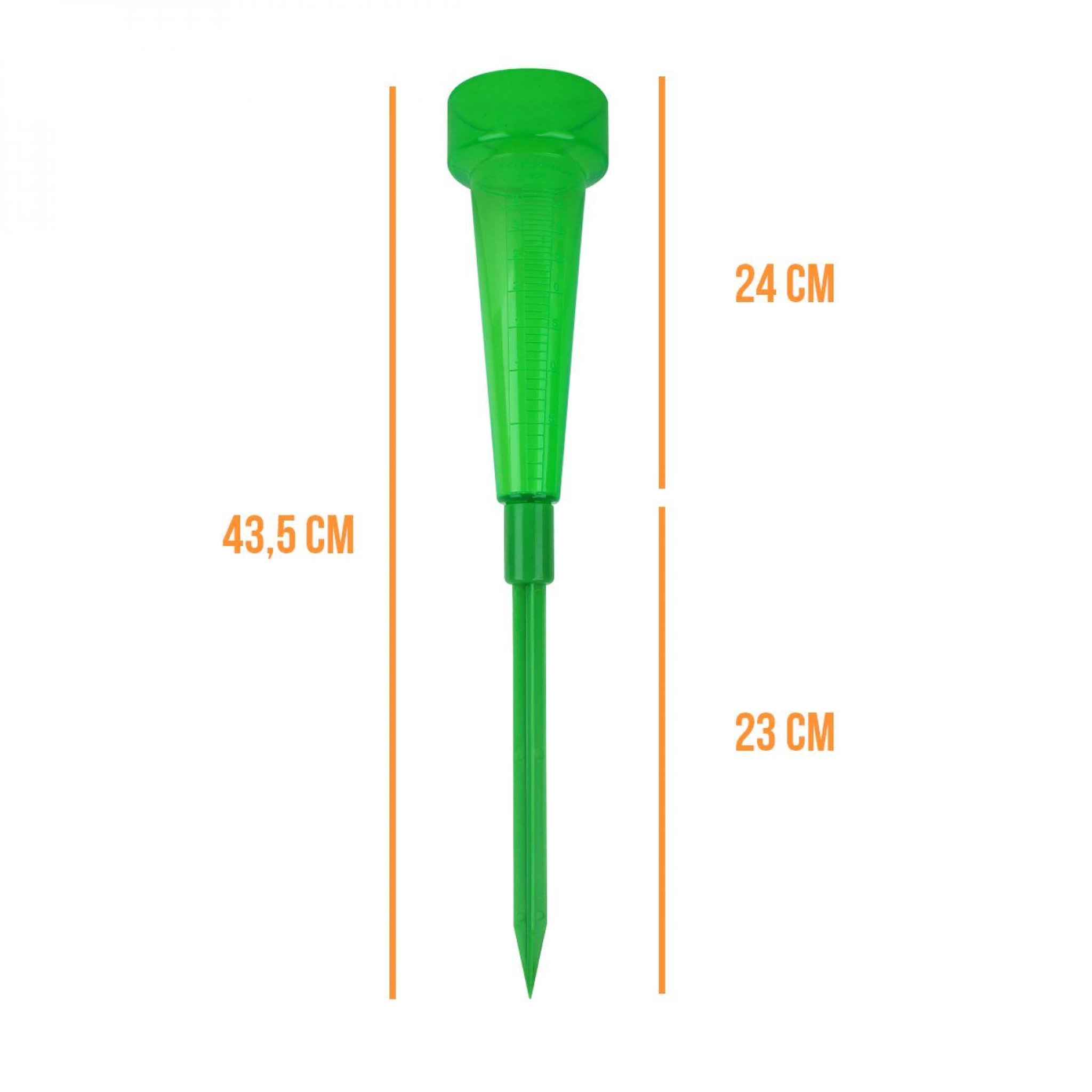 Voir la diapositive 2 : LINXOR Pluviomètre en plastique 43.5 cm avec piquet de fixation - Graduation 39 mm - Vert