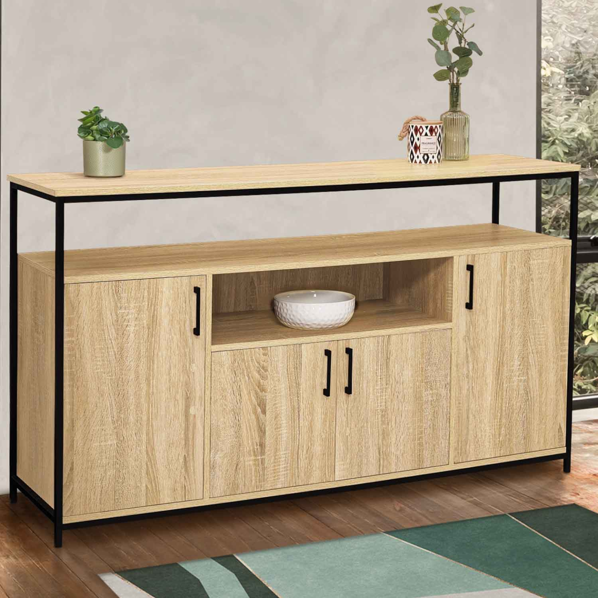 Voir la diapositive 2 : ID MARKET Buffet 140 cm detroit 4 portes avec niche design industriel