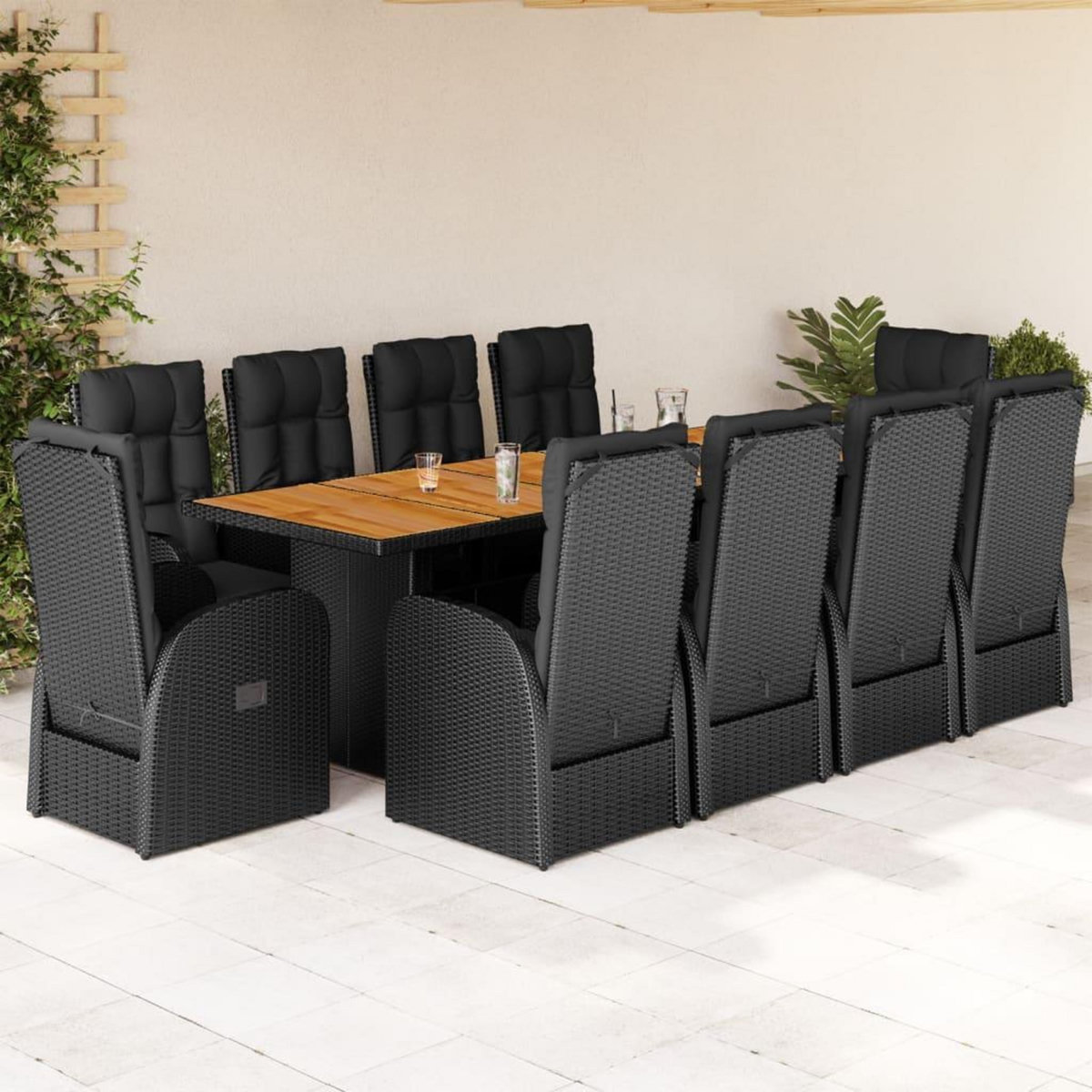 VIDAXL Ensemble a manger de jardin 11 pcs coussins noir resine tressee