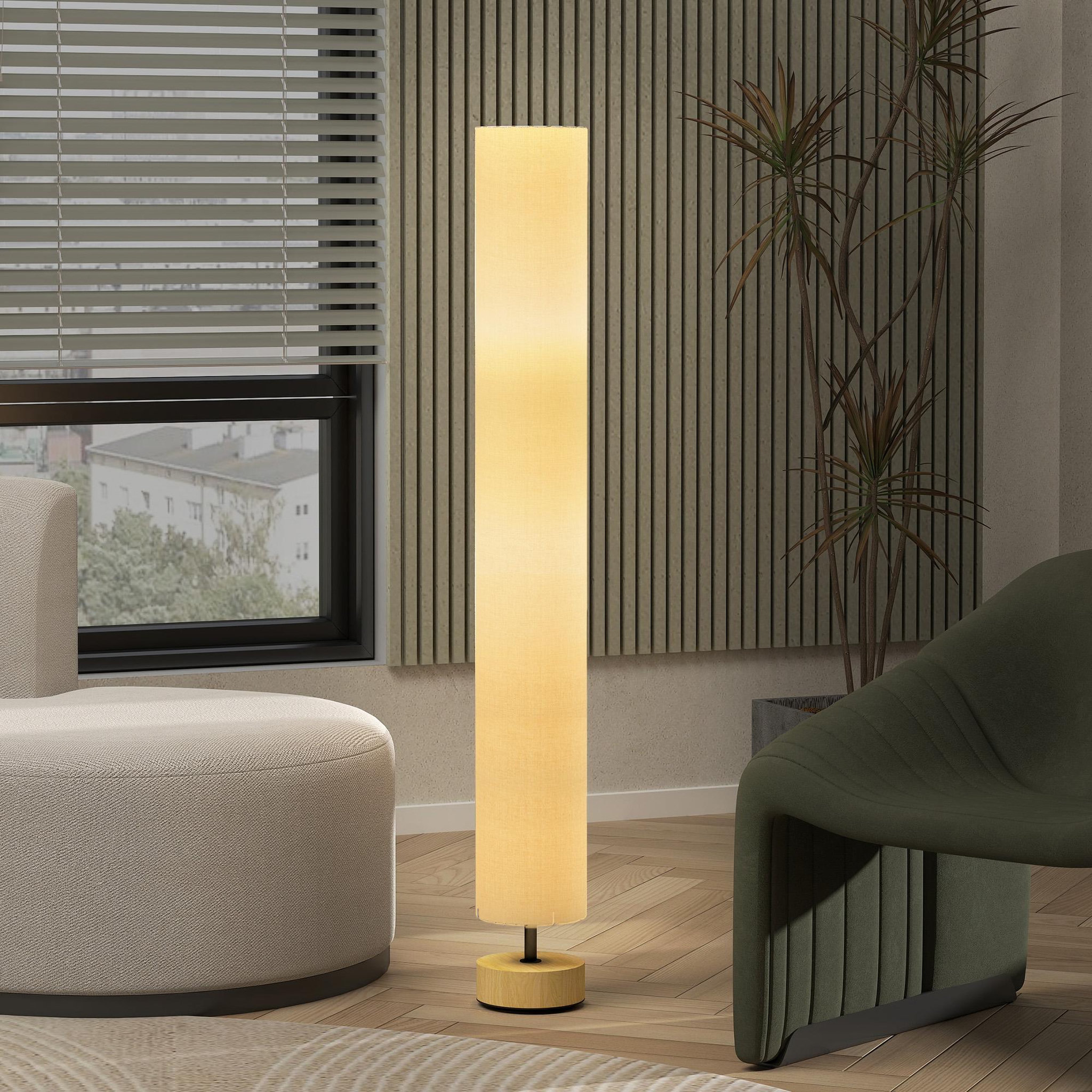 Voir la diapositive 2 : HOMCOM Lampadaire colonne sur pied bois contemporain h.120 cm abat-jour lin beige