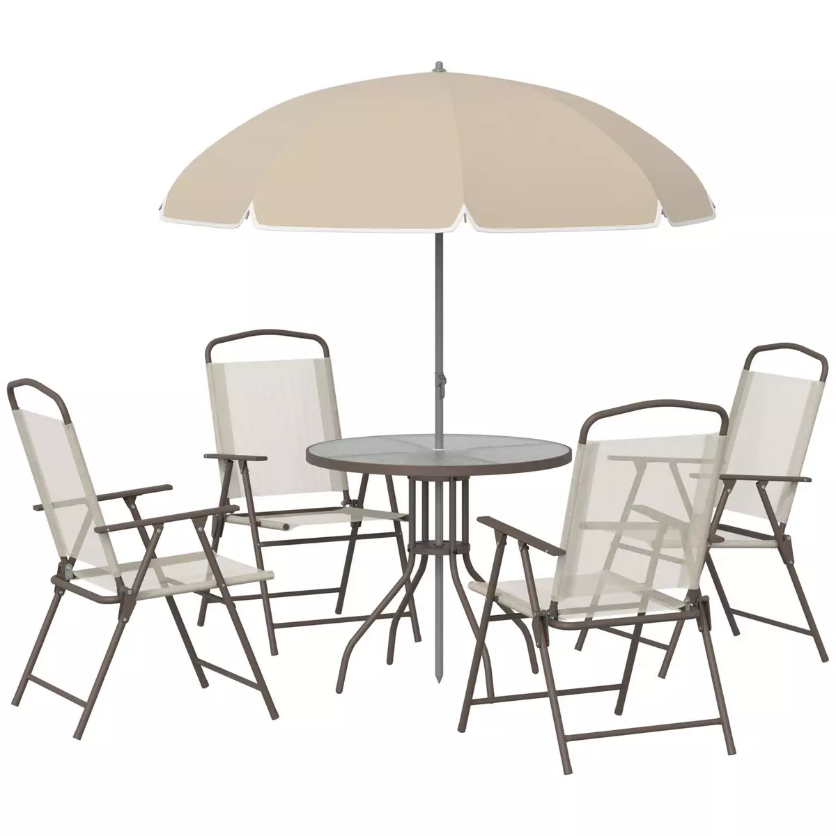 OUTSUNNY Ensemble salon de jardin 6 pcs - table ronde + 4 chaises pliables + parasol - acier époxy café textilène polyester beige