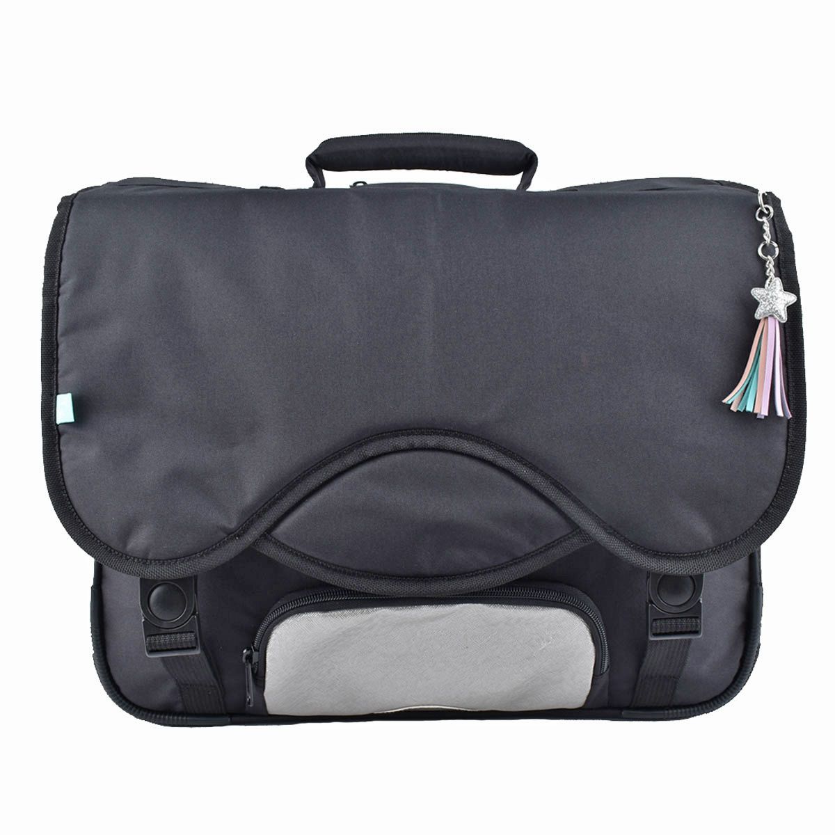 AUCHAN Cartable 41 cm CM1/CM2 noir pochette grise argentée