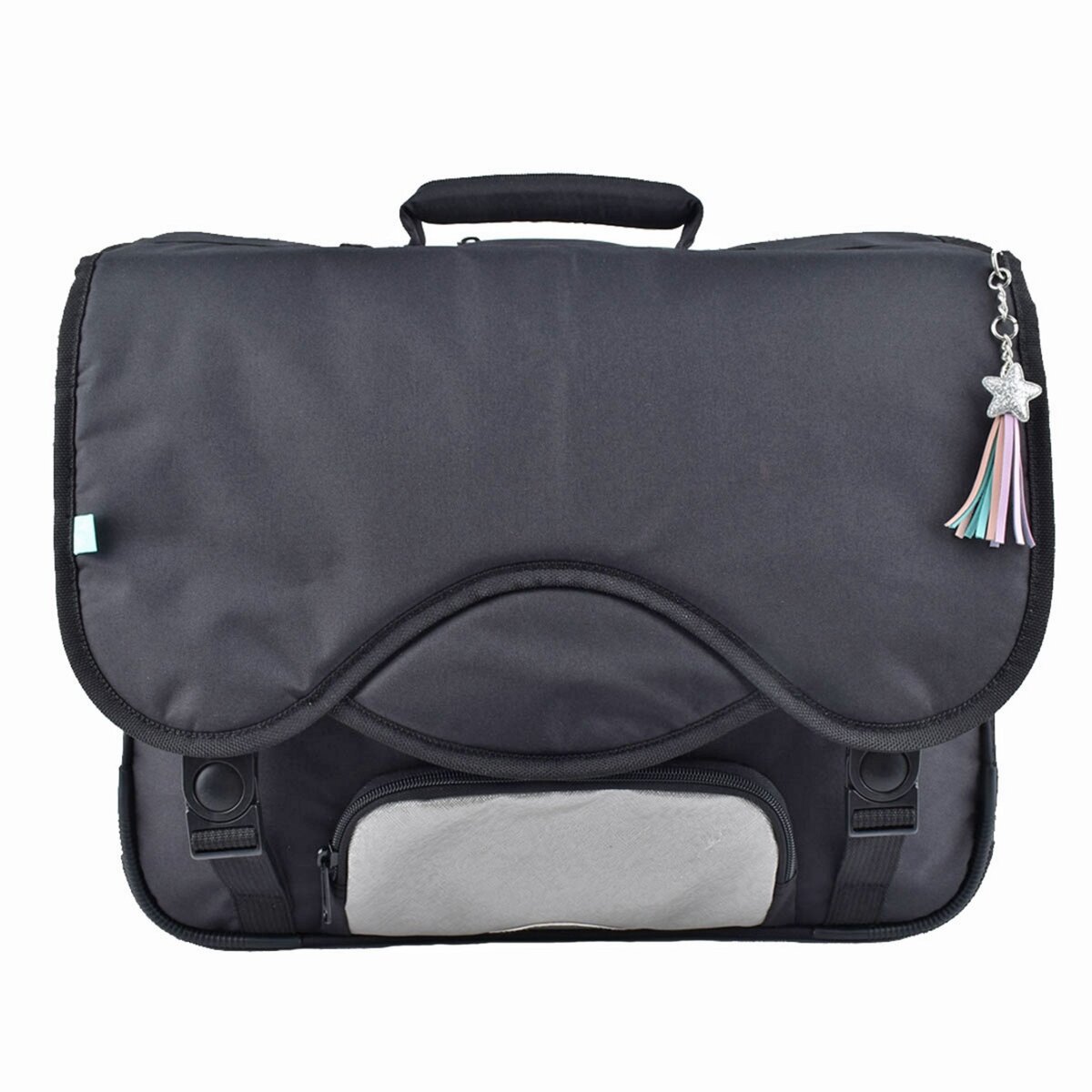 AUCHAN Cartable 41 cm CM1 CM2 noir pochette grise argent e pas