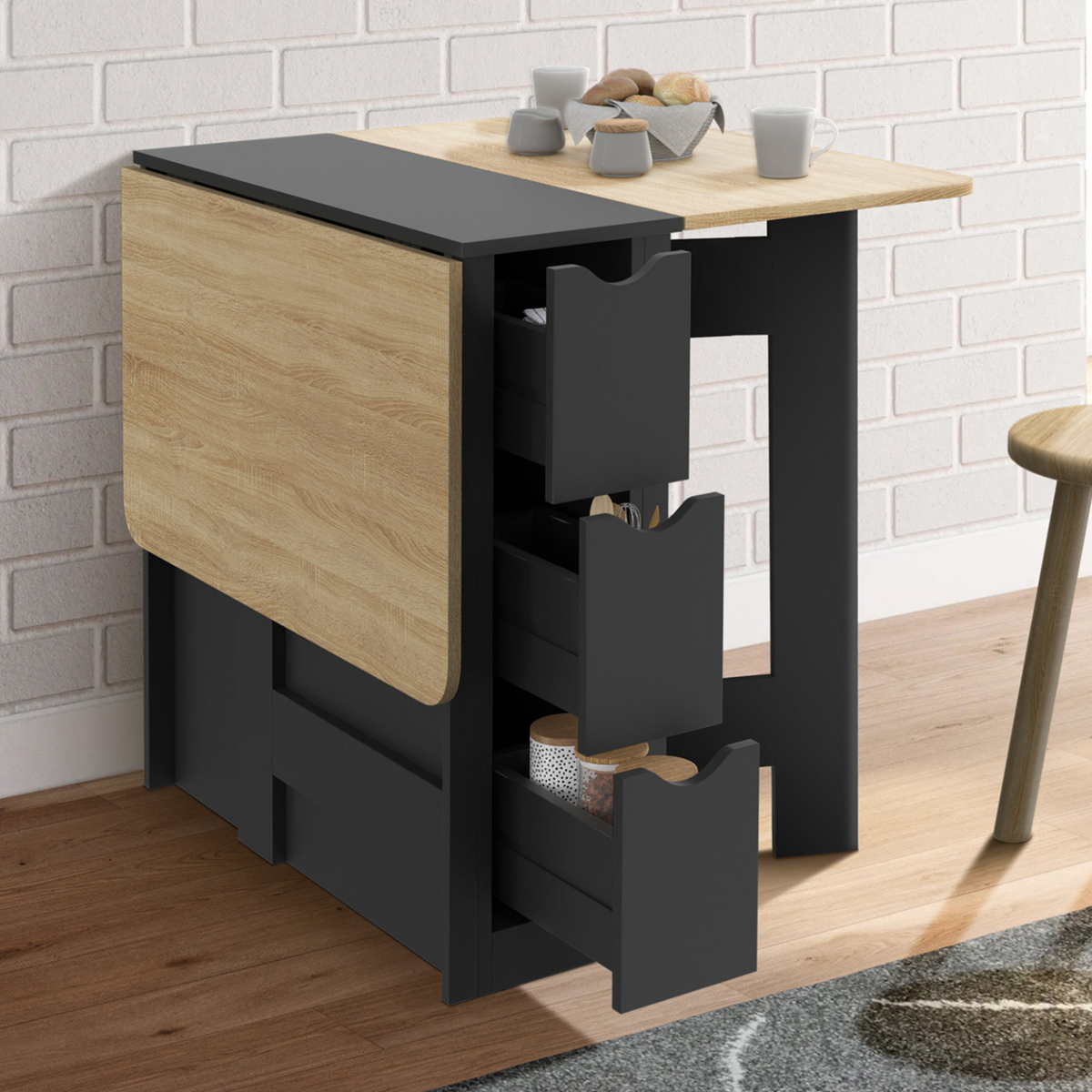 ID MARKET Table console pliable EDI 2-4 personnes avec 3 tiroirs noirs plateau façon hêtre 103 x 76 cm