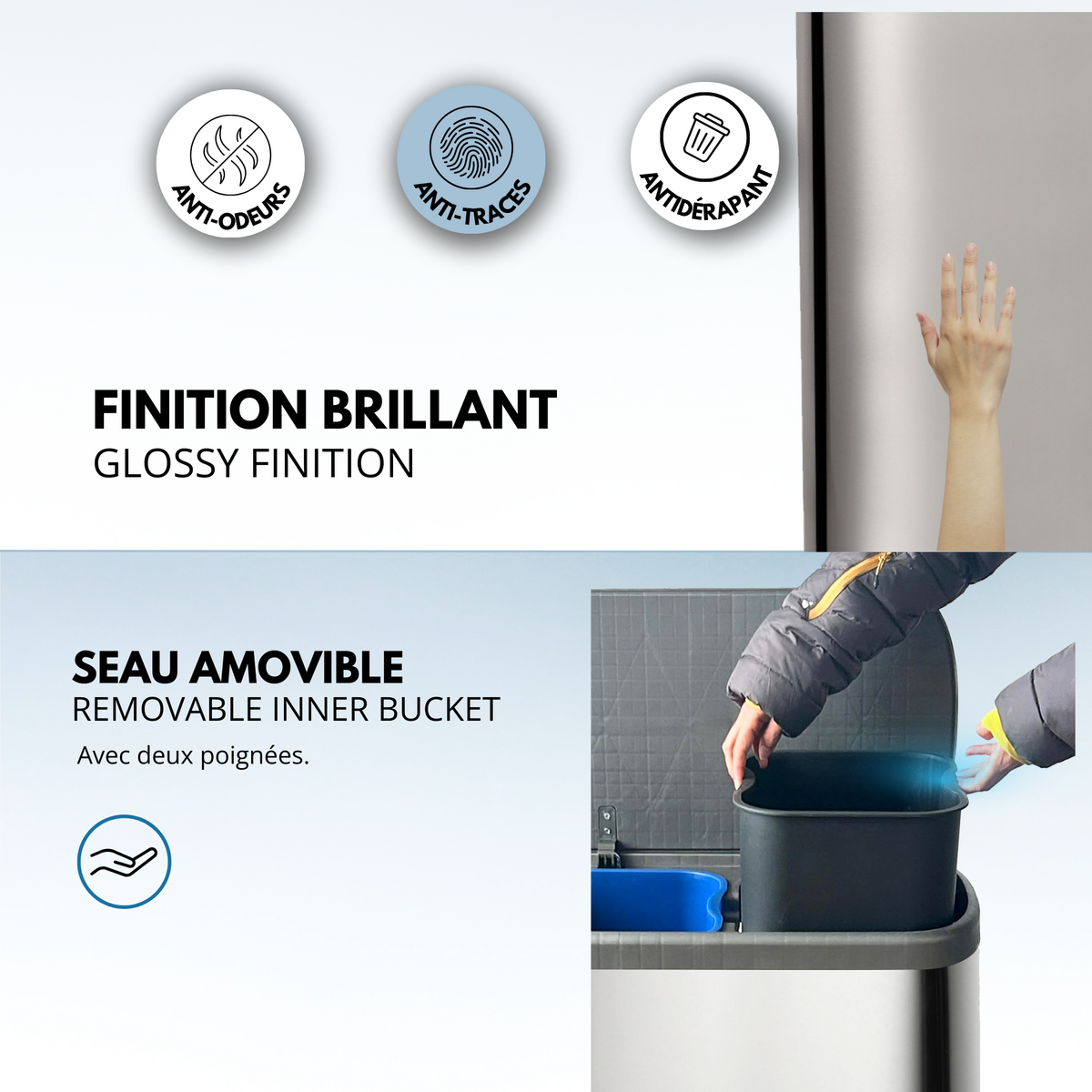 Kitchen move Poubelle de cuisine tri sélectif EMPIRE Argent Acier inoxydable 60L